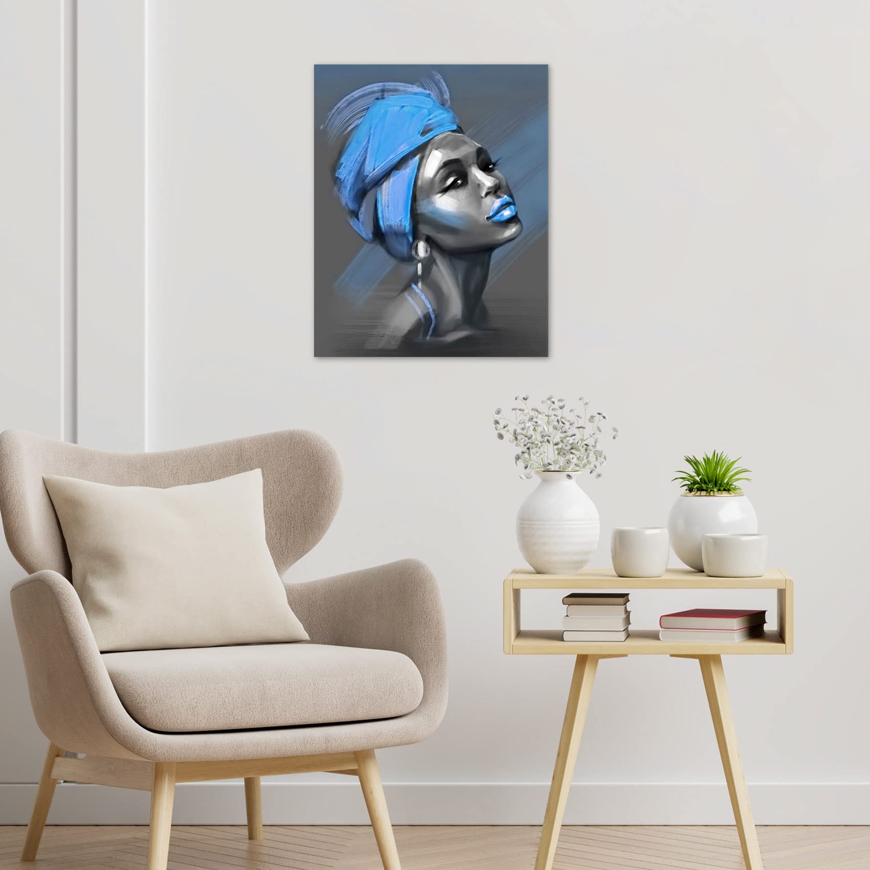 LB African American Women Canvas Wall Art  Beauty Black Woman Blue Hair Canvas Art  Abstract Minimalist Painting Wall Decor for Living Room Bedroom Bathroom Home Decor Ready to Hanging 12x16 Inch