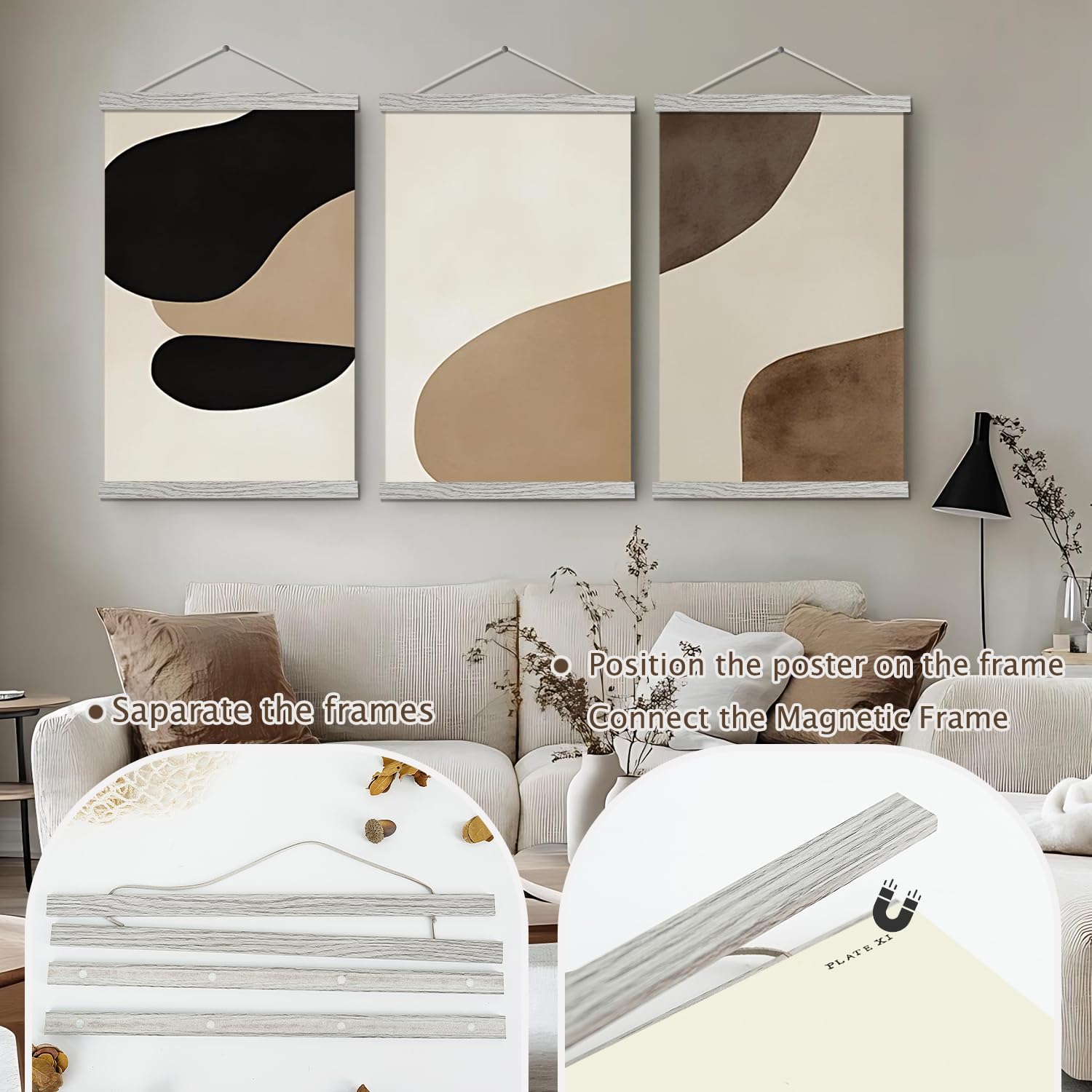 2 Pack Magnetic Poster Hanger Frame, 28X22 28X40 28X29 Light Wood Wooden Magnet Canvas Artwork Print Dowel Poster Hangers Frames
