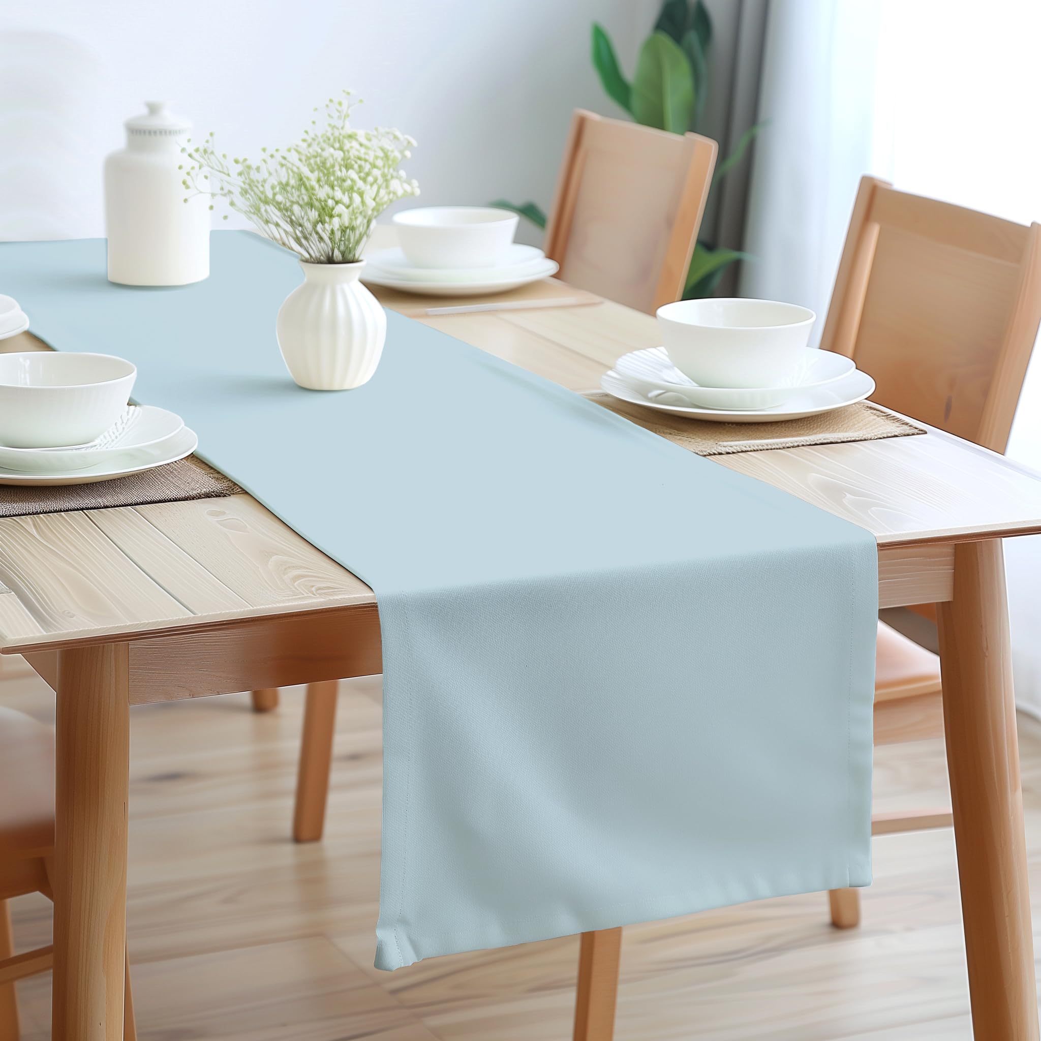 Encasa Table Runner 13X104 In Long | Cotton Canvas Fabric | Ice Blue Solid Color | Machine Washable & Durable