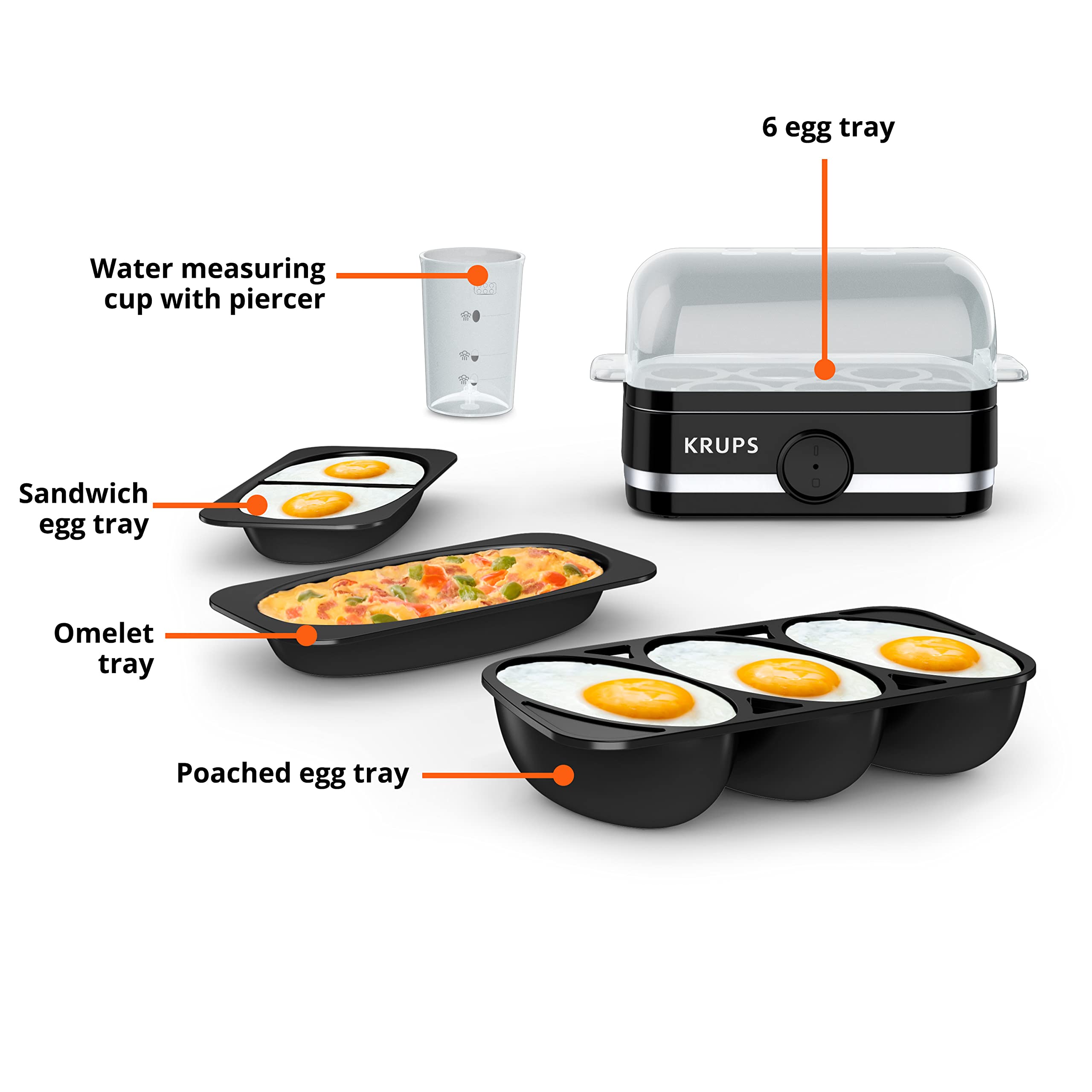KRUPS Simply Electric Egg Cooker, 6 Egg Capacity, Black, Poached/Soft/Hard, 400W, Model 10942227908