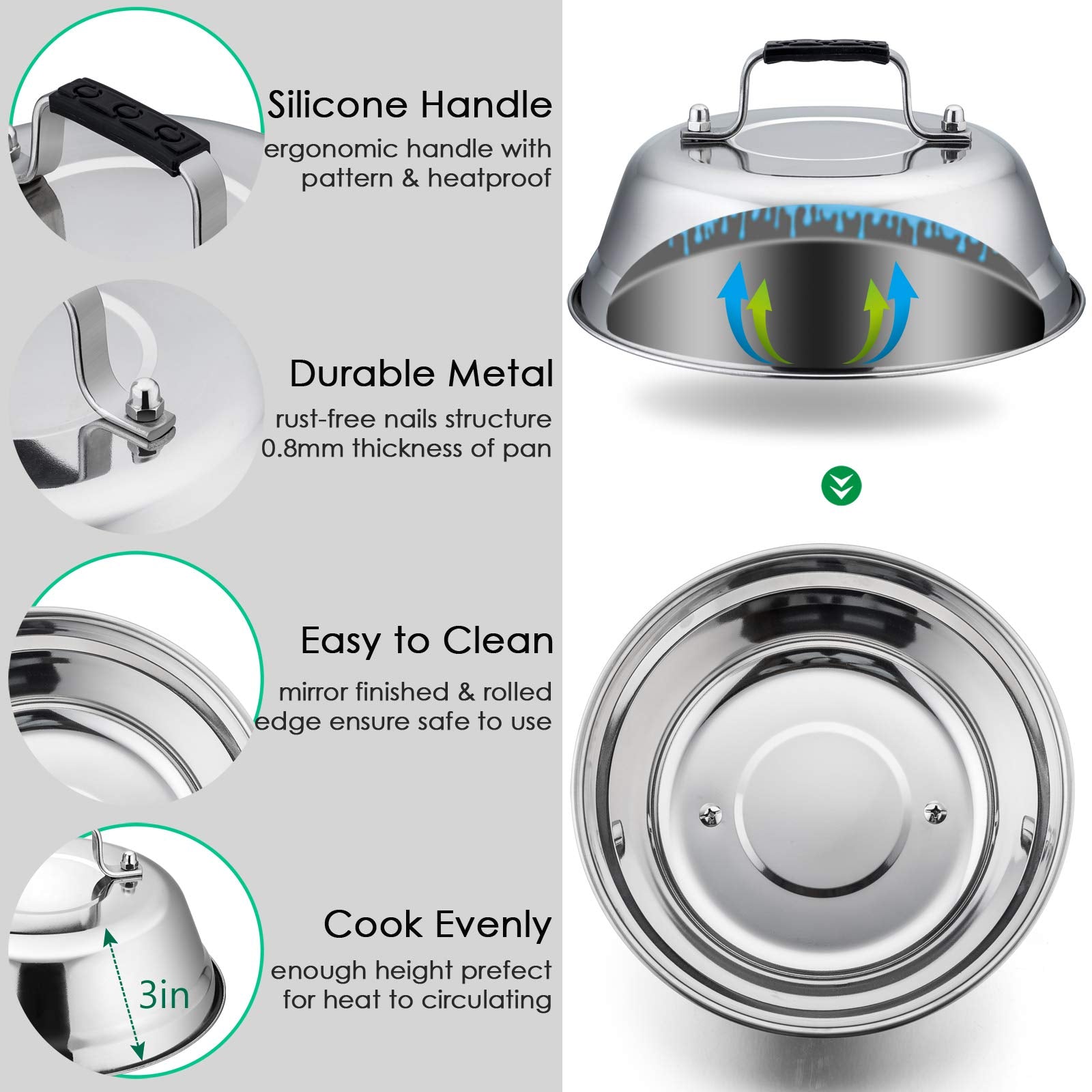 Cheese Melting Dome  HaSteeL 12In & 9In Heavy Duty Round Basting Steam Cover  Stainless Steel Griddle Grill Accessories for Flat Top BBQ Kitchen Cooking Indoor & Outdoor  Dishwasher Safe - (2Packs)