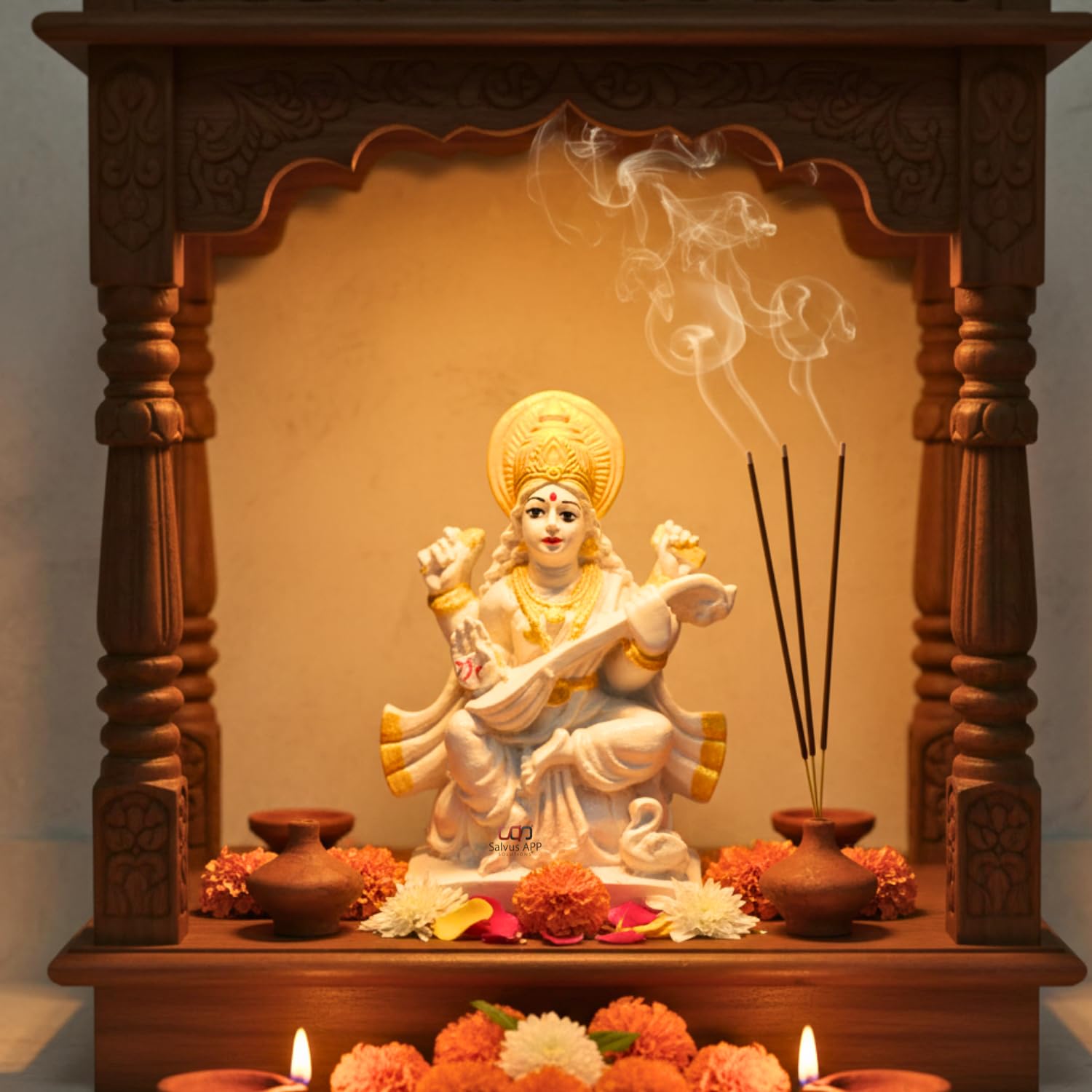 Salvus App Solutions Marble Dust Maa Saraswati Idol - Goddess Saraswati Statue For Home Decor, Devi Maa Saraswati Murti (White &