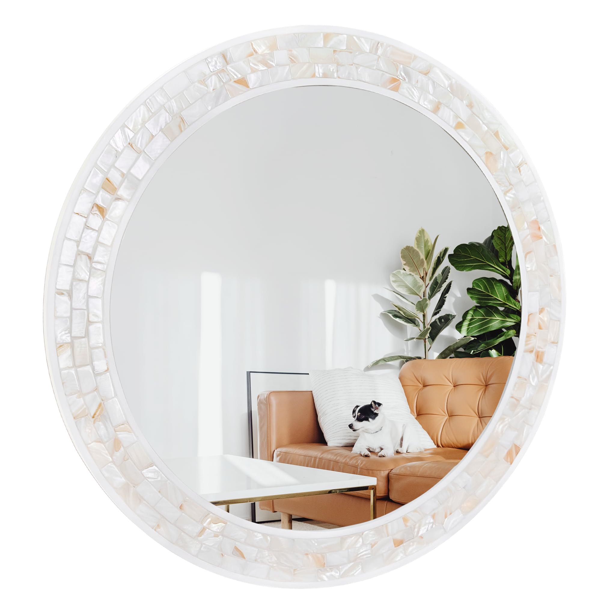 DUQIMO White Round Mirror 36 Inches, Shell Inlay Framed Circle Mirrors for Wall, Mosiac Mirror for Bathroom Bedroom Living Room 