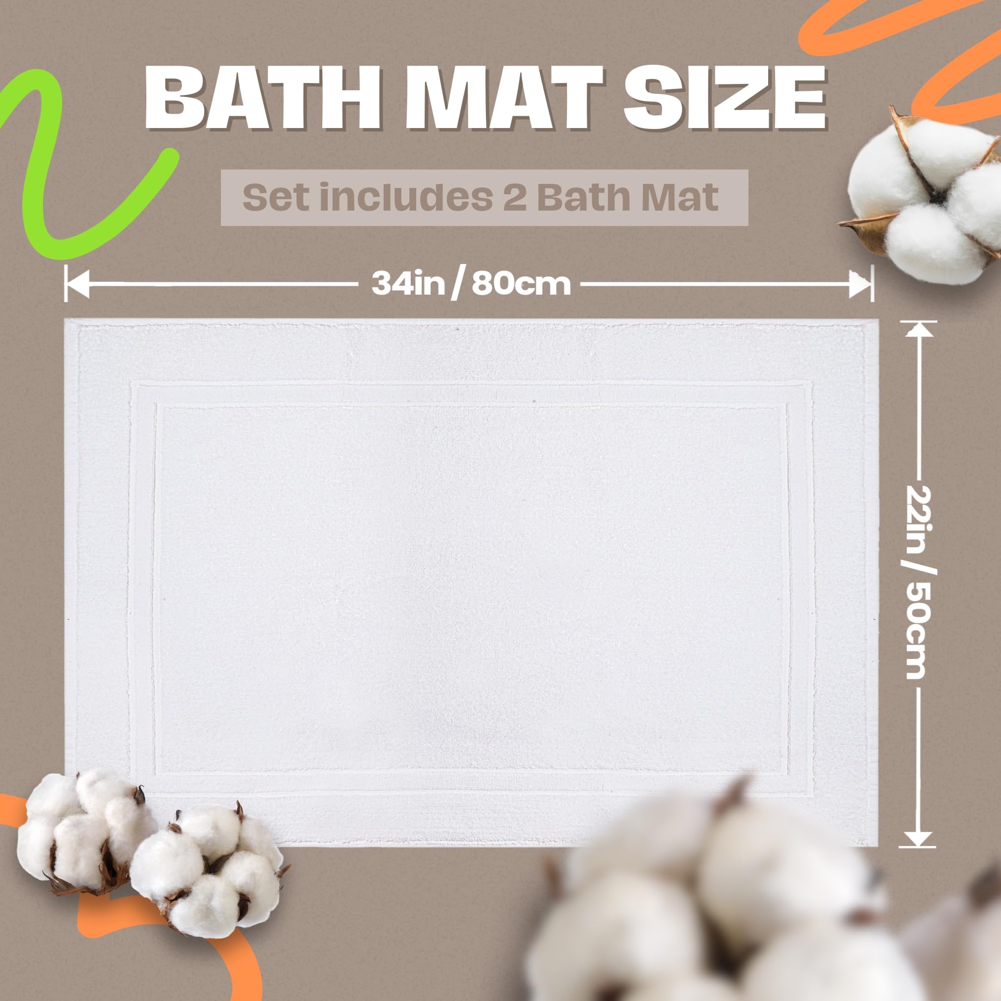 Infinitee Xclusives Premium Cotton Banded White Bath Mats - Pack of 2  22x34 Inches [Not a Bathroom Rug] Ultra Soft and Super Absorbent Floor Mat  Machine Washable Bath Mat for Bathroom