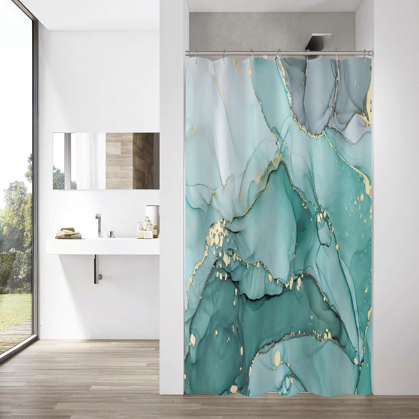 Gibelle Small Stall Shower Curtain 36 X 72, Narrow Half Abstract Turquoise Marble Shower Curtain, Modern Ink Art Waterproof Fabr