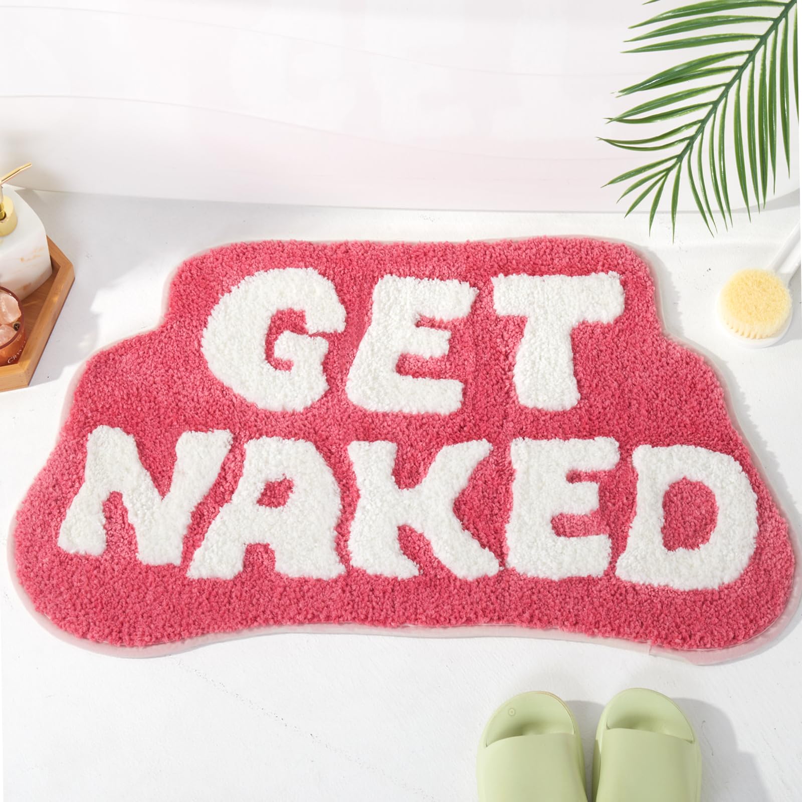 Dyefury Irregular Shaped Get Naked Bath Mat Hot Pink - Fun Bath Mat, Small Preppy Bathroom Decor, Funny Aesthetic Bathroom Rugs
