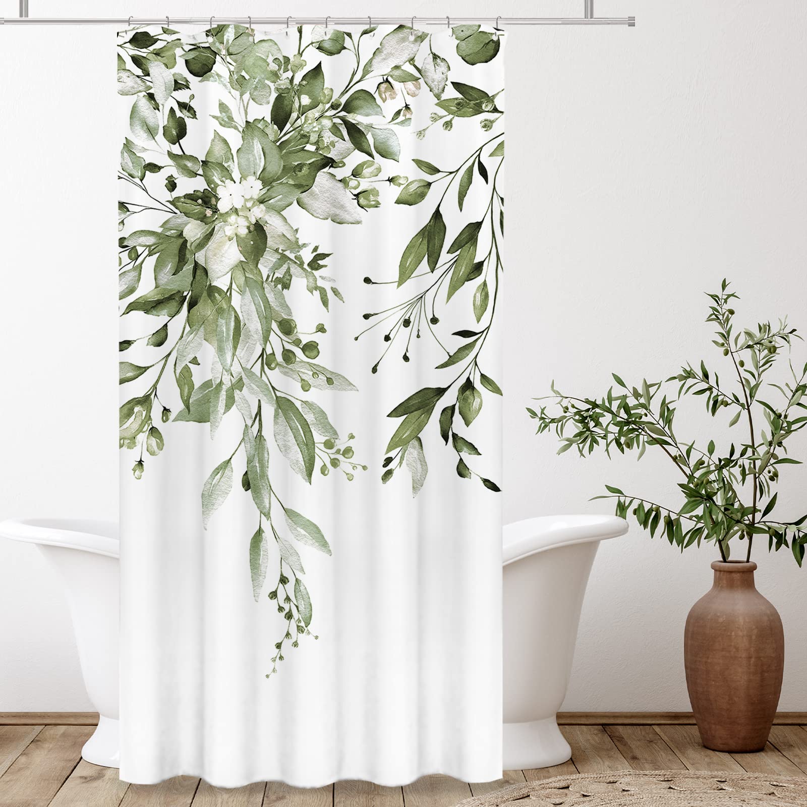 Tititex Olive Green Eucalyptus Shower Curtain Sets, Watercolor Leaves On The Top Plant With Floral Bathroom Decoration 36X72 Inc