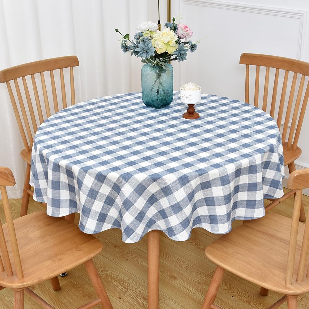 Yofori Gingham Table Cloth for Round Tables Sky Blue Checkered Plaid Tablecloth Heavy Duty Cotton Blend Washable & Wrinkle Table