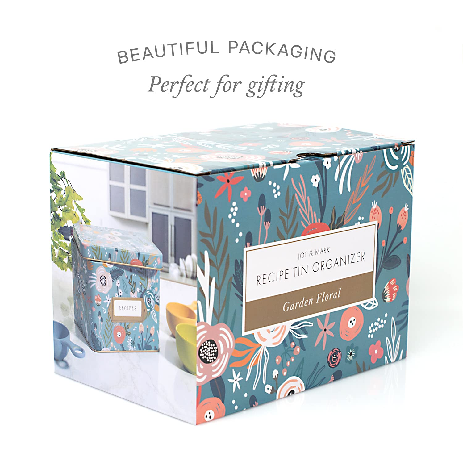 Jot & Mark Decorative Recipe Tin Box For Recipe Cards, Greeting Card Holder  Holds Hundreds Of 4A X 6A Cards (Garden Floral)