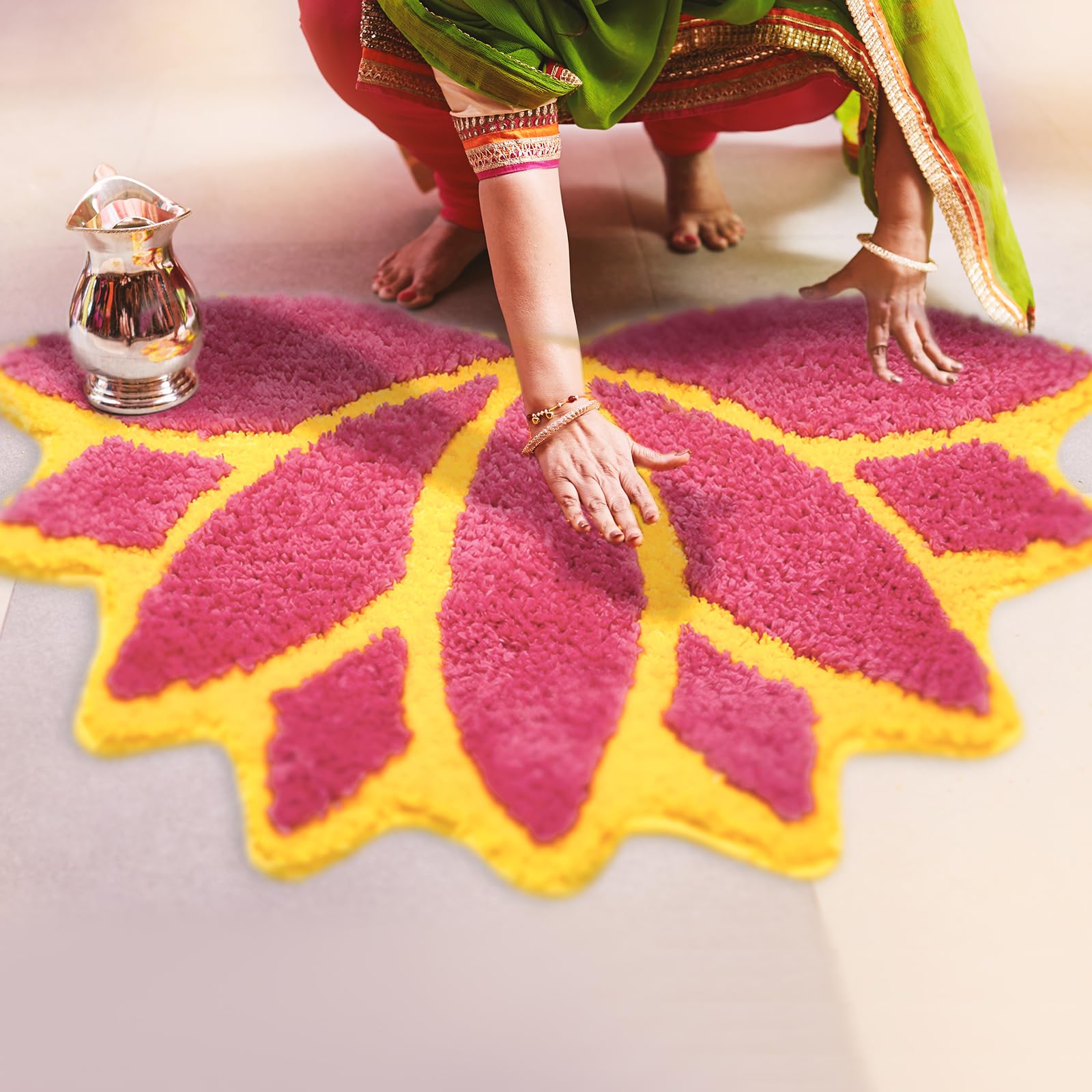 Drydiet 35in Diwali Decorations for Home Floral Rangoli Mat Indian Diwali Lotus Decor Pooja Floral Housewarming Floor Decor Rang