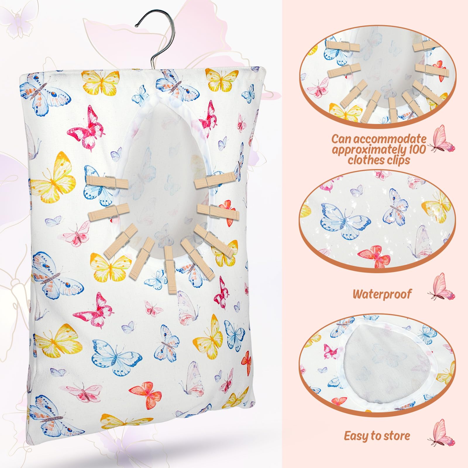 Whaline 2 Pcs Clothespin Bag With Hanging Hook Watercolor Butterfly Laundry Clothes Pin Holder Waterproof Clothespin Storage Org