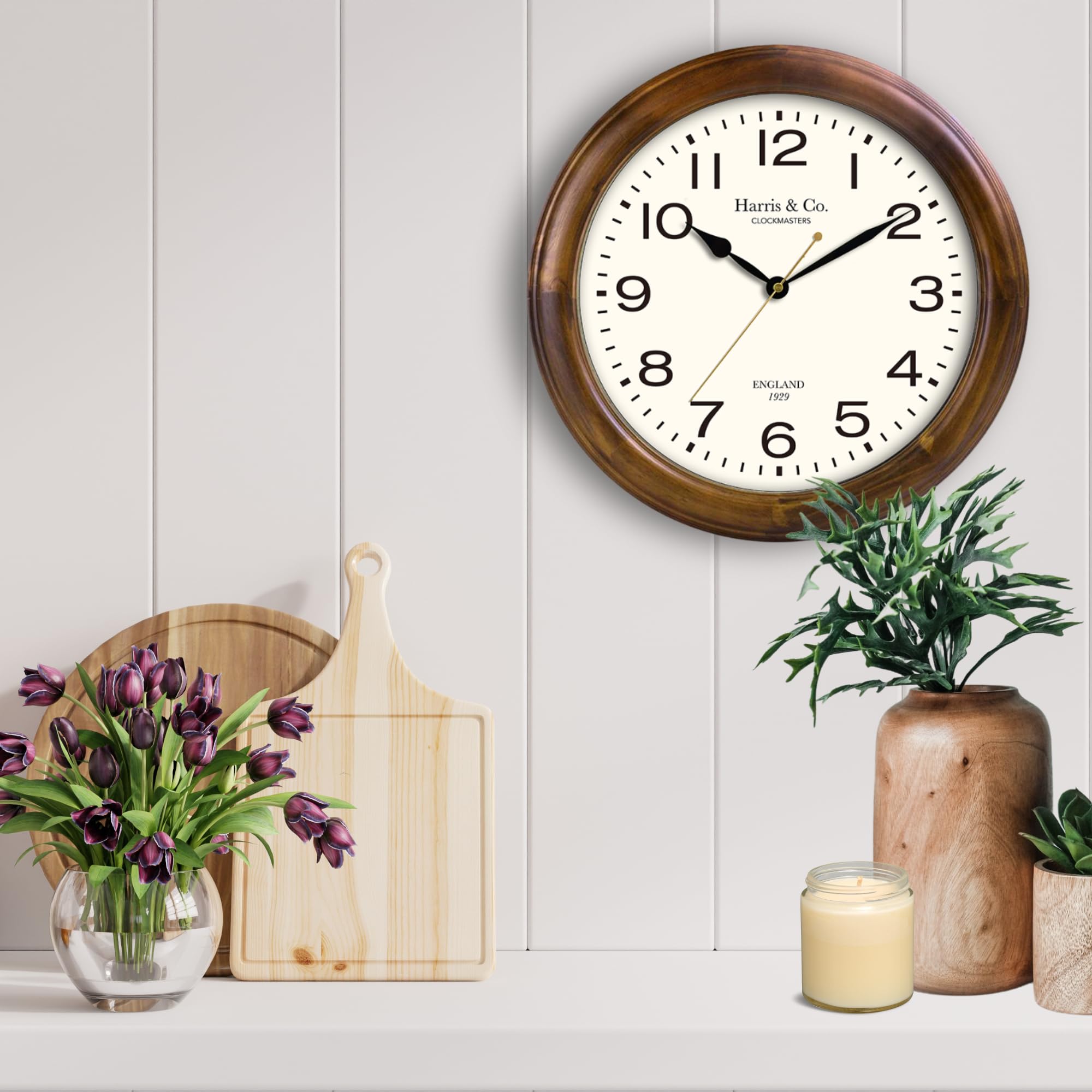 Harris & Co. Clockmasters Vintage Classic Design Analog Wall Clock- 14 Inch (Wooden Dark Teak Frame & Hd Clear Glass) (Silent Sw