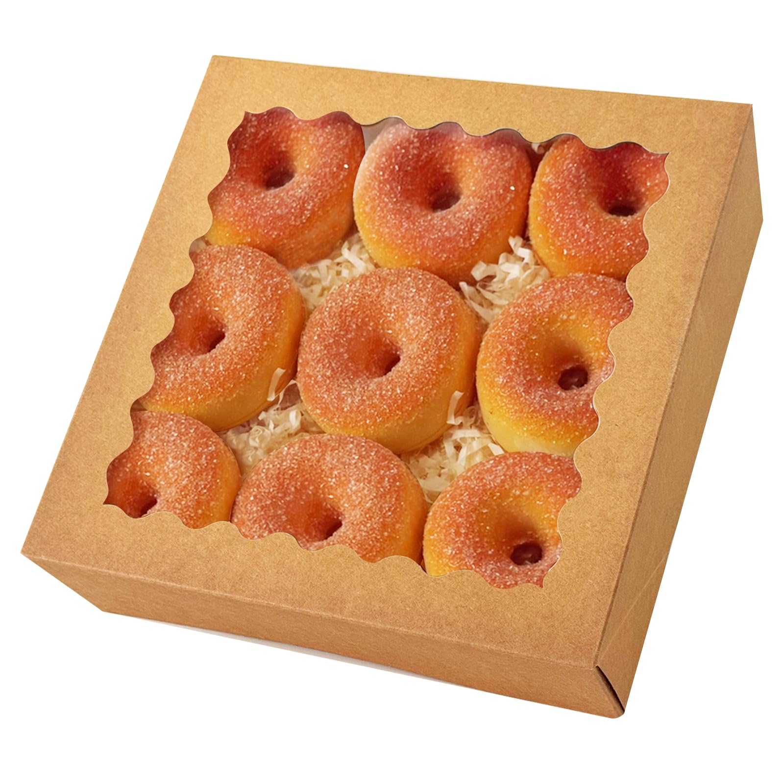 qiqee 8x8x2.5 Inch Brown Pastry Box With Window Donut Pie Boxes 12pcs Bakery Box (Auto-pop Up)
