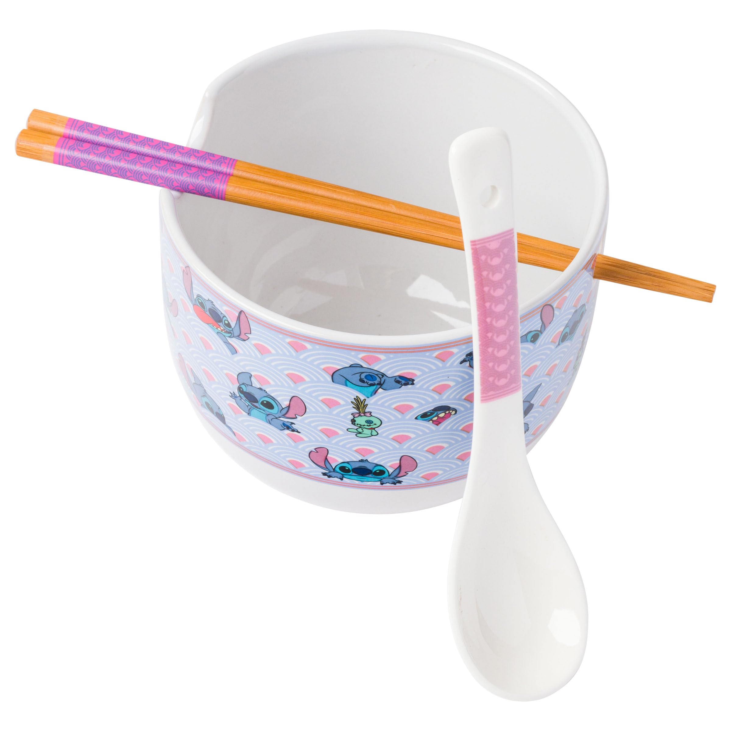 Silver Buffalo Lilo And Stitch Scrump Waves Japanese Pattern Ceramic Ramen Noodle Rice Bowl With Chopsticks And Spoon, Microwave