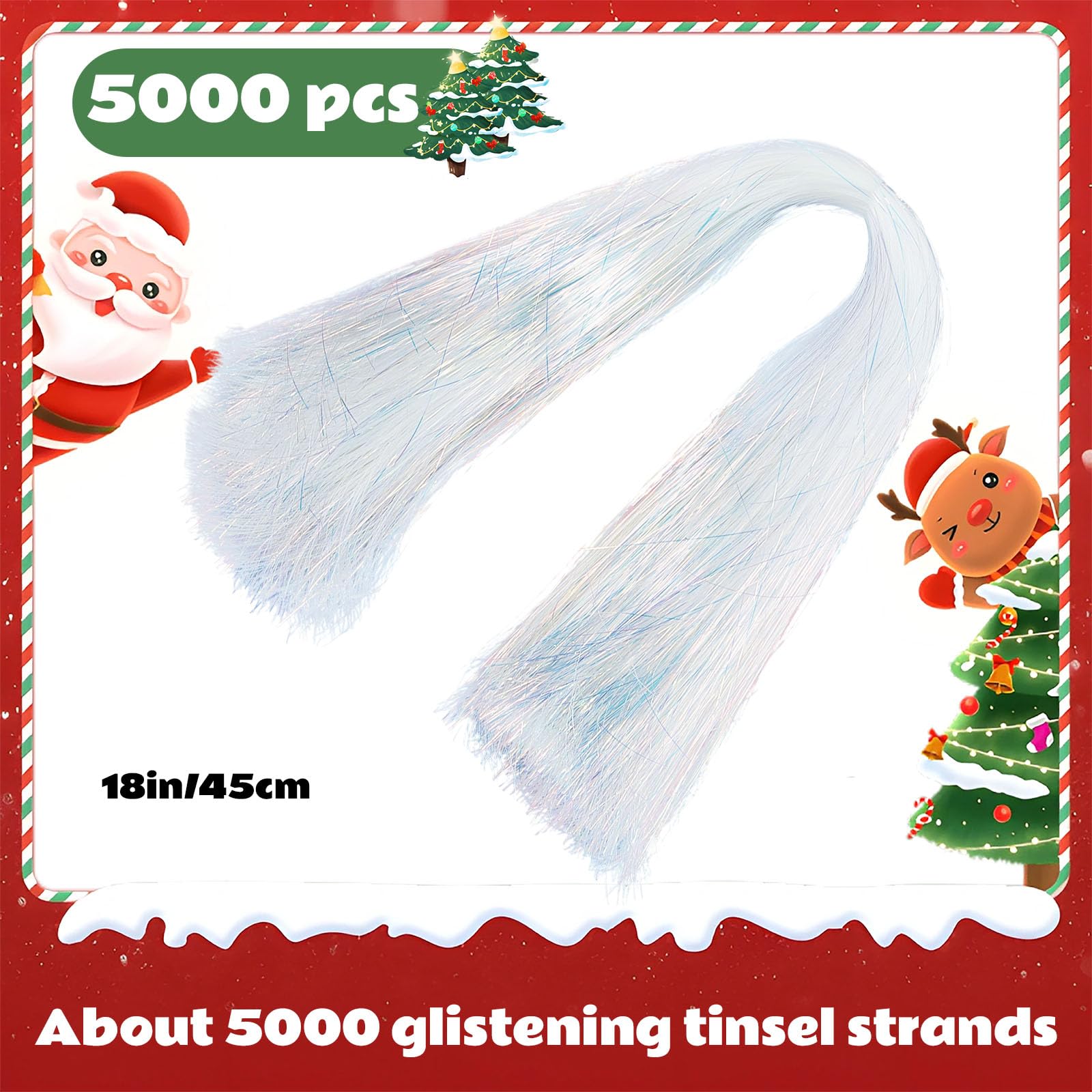 WILLBOND 5000 Strands Iridescent White Christmas Icicle Tinsel Strands for Christmas Tree Decor 18 Inches Foil Fringe Curtain Ic