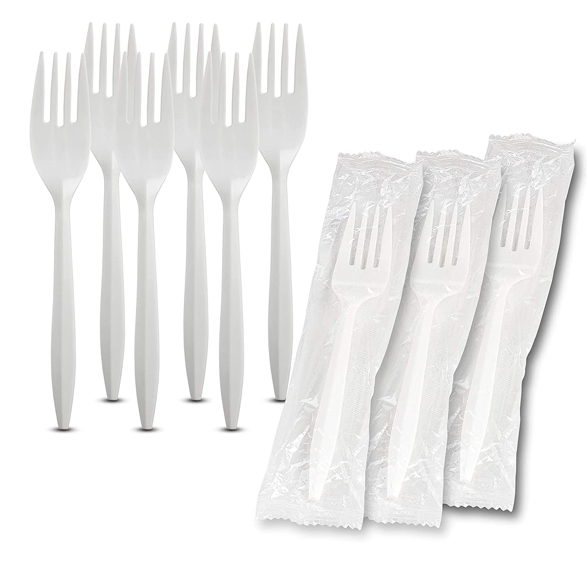 Mt Products Individually Wrapped White Disposable Plastic Forks - Medium Weight - (100 Pieces)