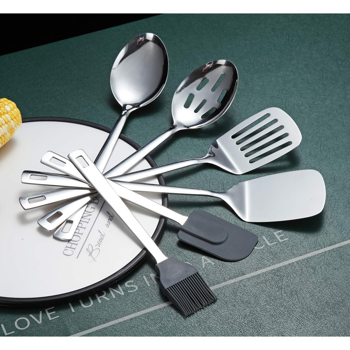 Cooking Spoon, Berglander 6 Pieces Spatula Set Stainless Steel, Metal Spatula, Serving Spoon, Kitchen Tools Set Non-Stick And He