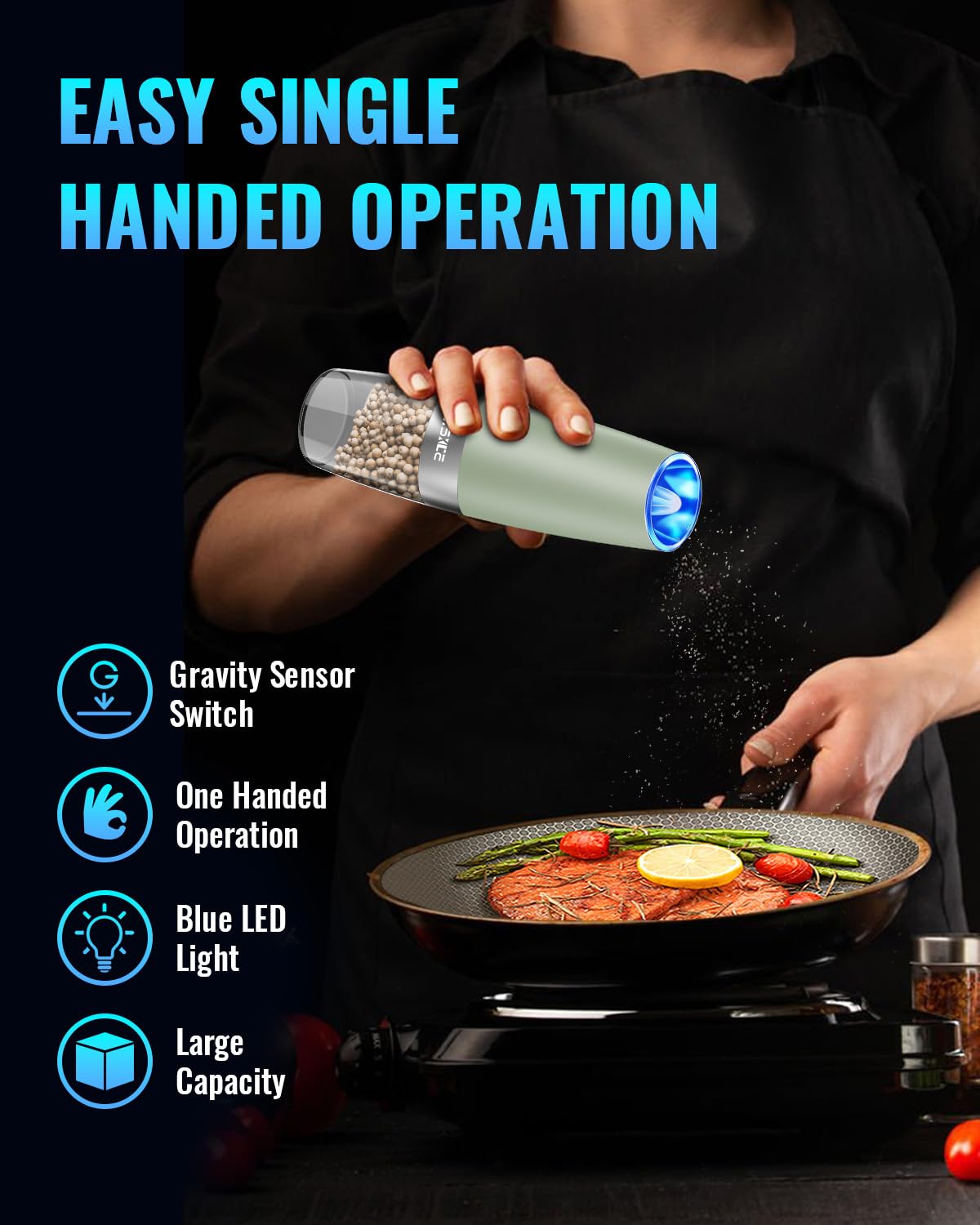 XinXu Gravity Electric Pepper and Salt Grinder Set, Adjustable Coarseness, with LED Light, One Hand Automatic Operation (Set/Lig
