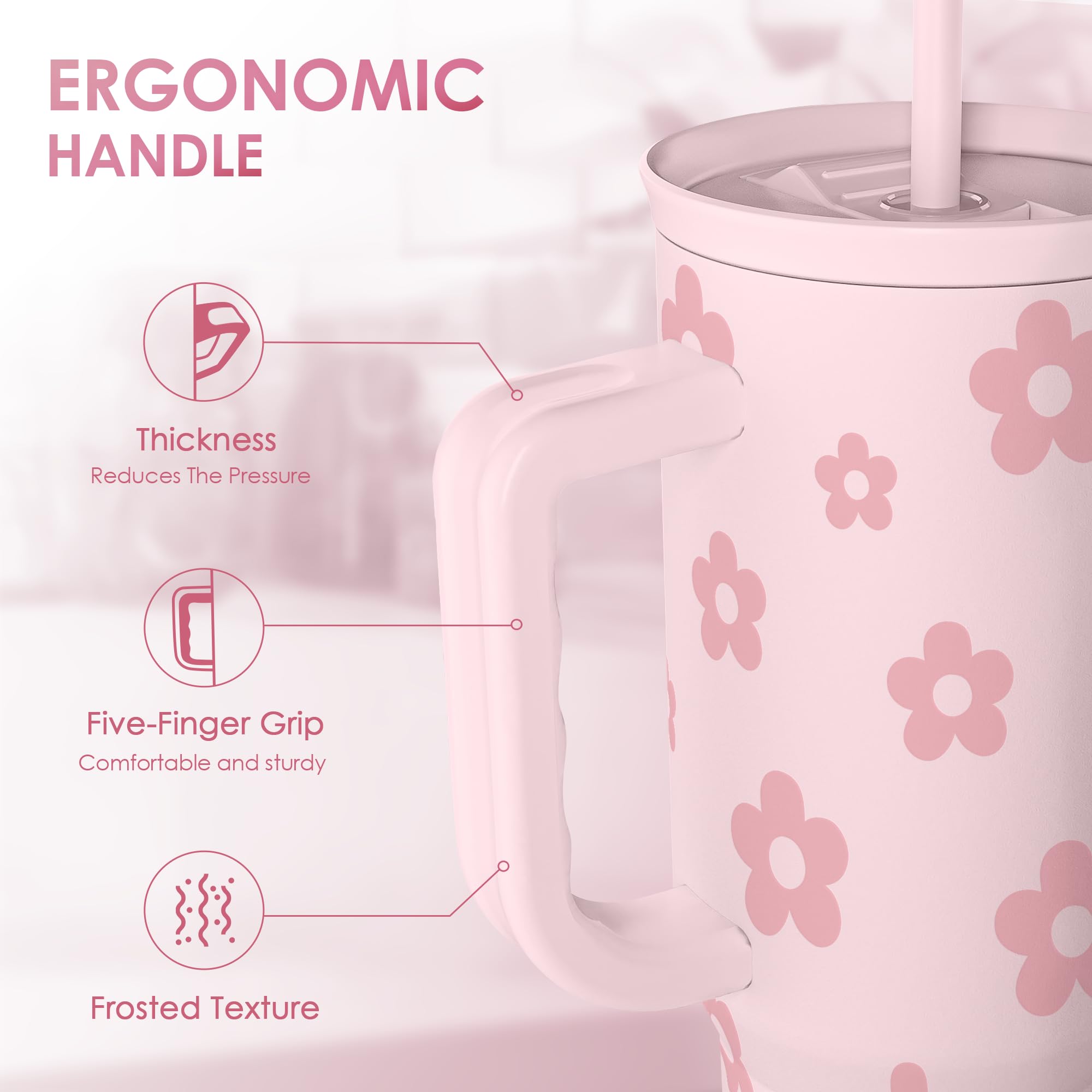 SANDJEST Floral Tumbler with Handle and Straw 40oz Stainless Sleel Slider Tumbler Travel Coffee Mug for Women - Gift Idea for Bi