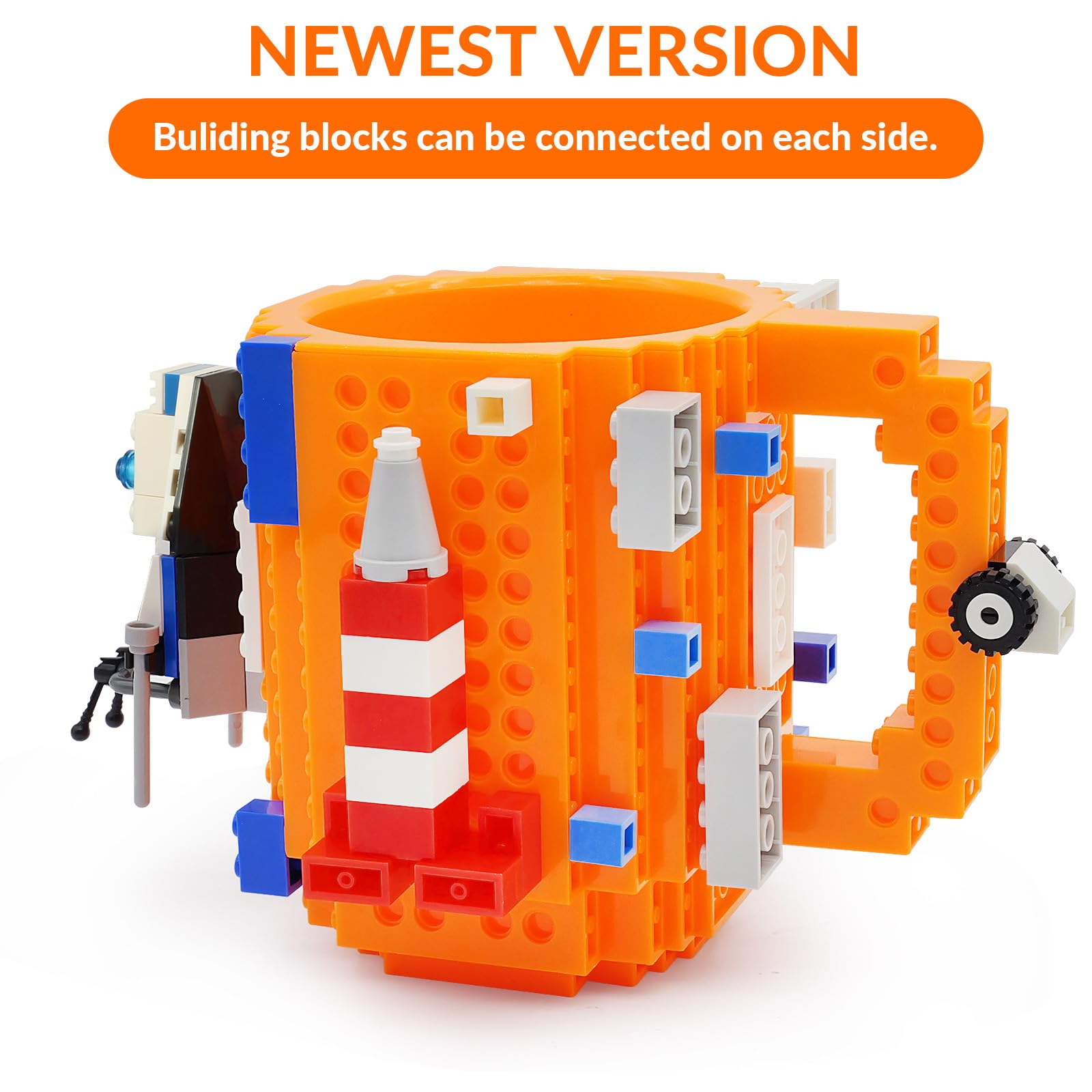 Lumsburry Build-on Brick Coffee Mug, 4 Piece Set, Plastic, Orange - Fun DIY Novelty Cup for Kids & Adults, Perfect Gift