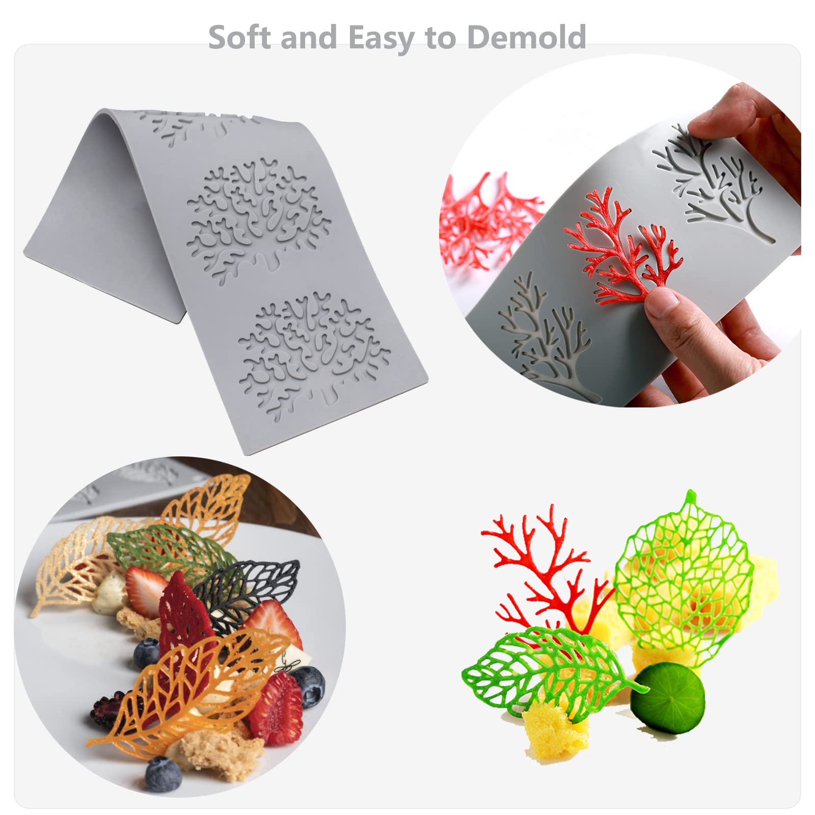 7Pcs Leaf Molds Silicone Fondant Molds With Dough Scraper Silicone Spatula, 3D Coral Branch Leaf Chocolate Molds, Silicone Molds
