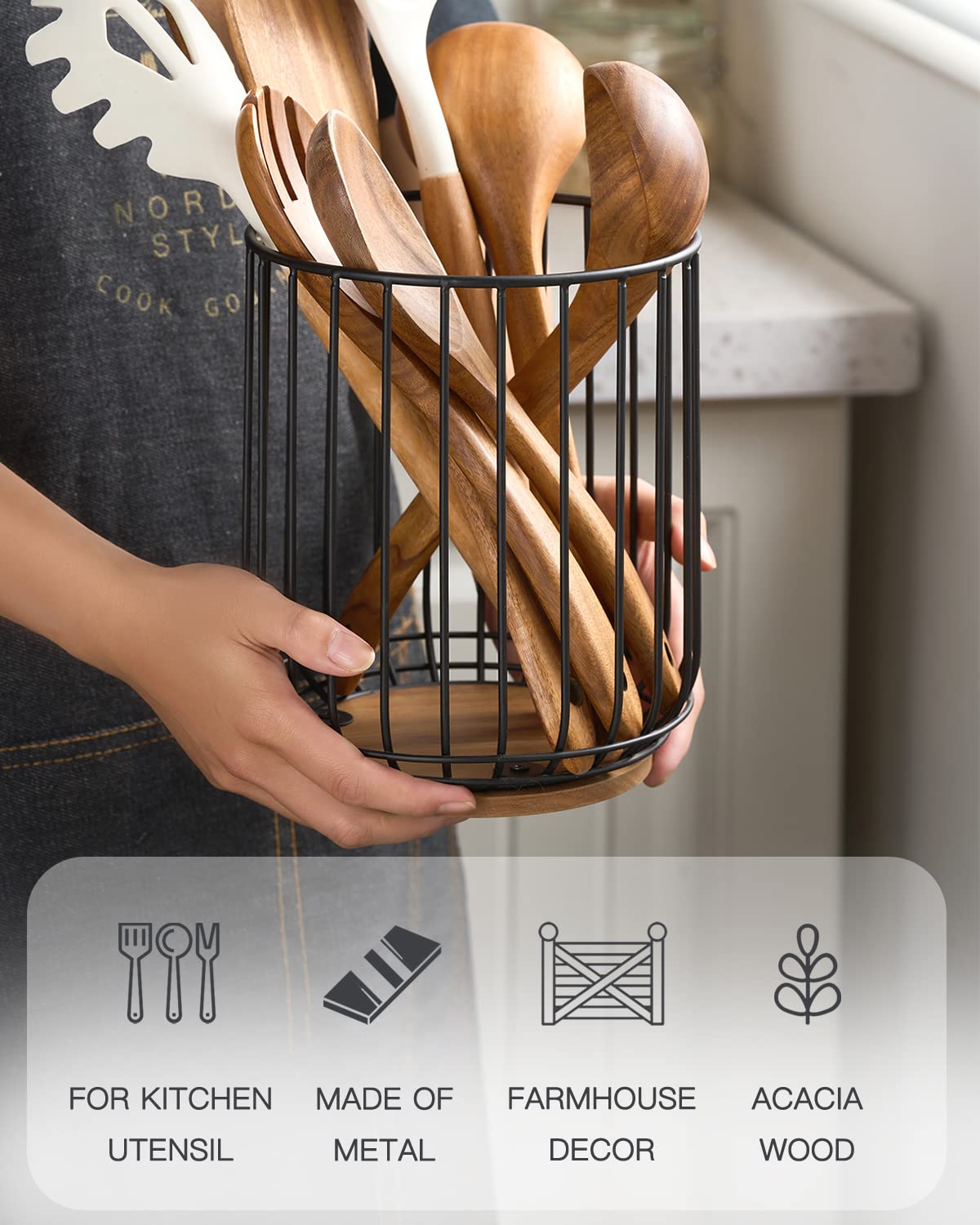 Getstar Kitchen Utensil Holder, Large Wire Utensil Holder For Kitchen Counter (W6.2    X H7.5   ) With Acacia Base