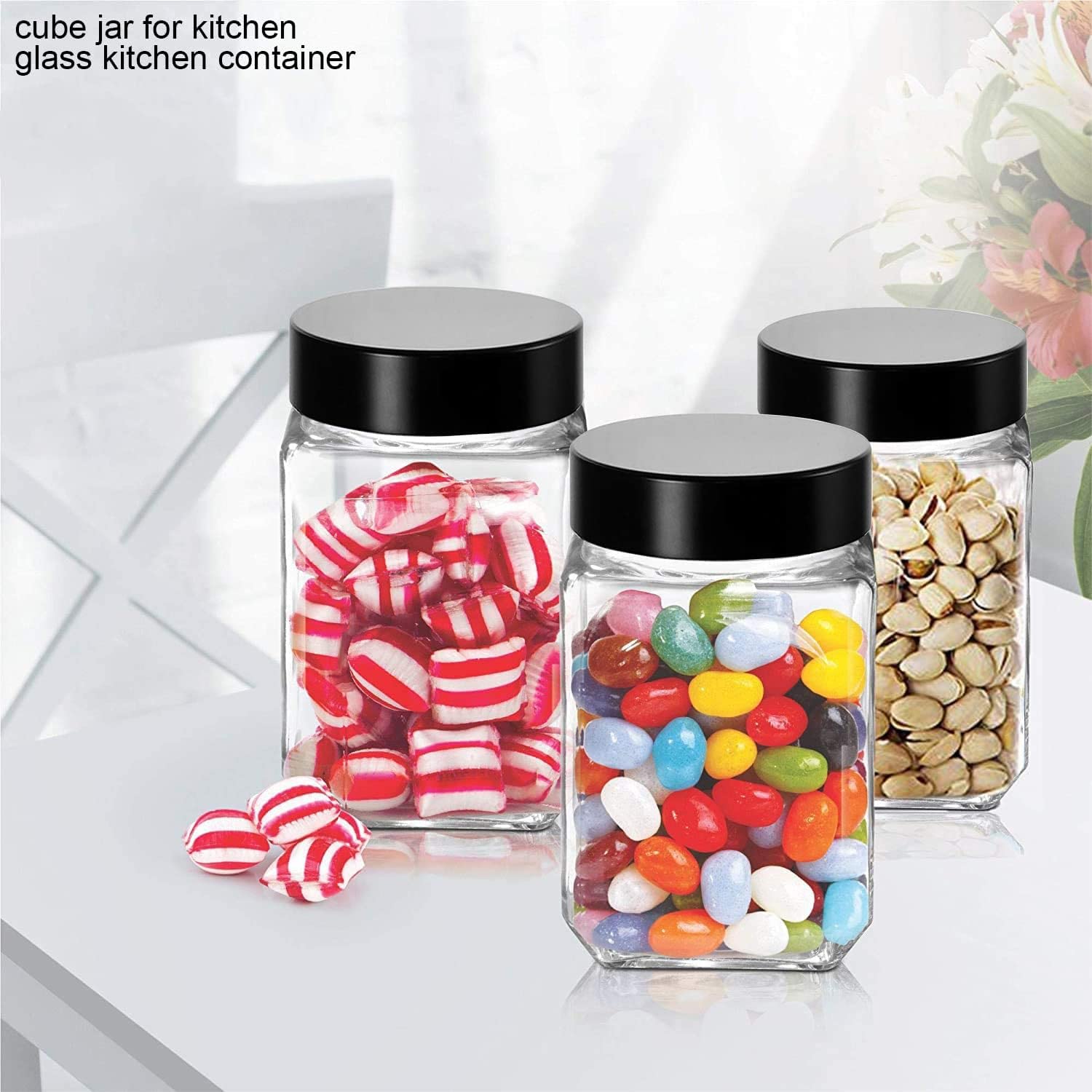 Feelopie Piramal Glass Square Clear Jars & Containers For Kitchen Pantry,Snacks,Masala,Honey,Pickles,Cookies,Dry Fruits,Coffee B