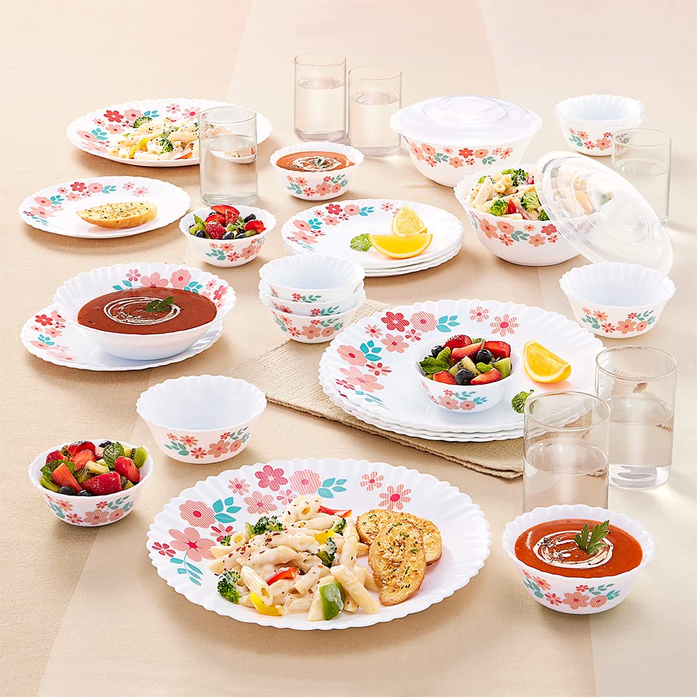 Larah By Borosil Ayana Silk Series Opalware Dinner Set With Glasses, 35 Pieces For Family Of 6, Microwave & Dishwasher Safe, Bon