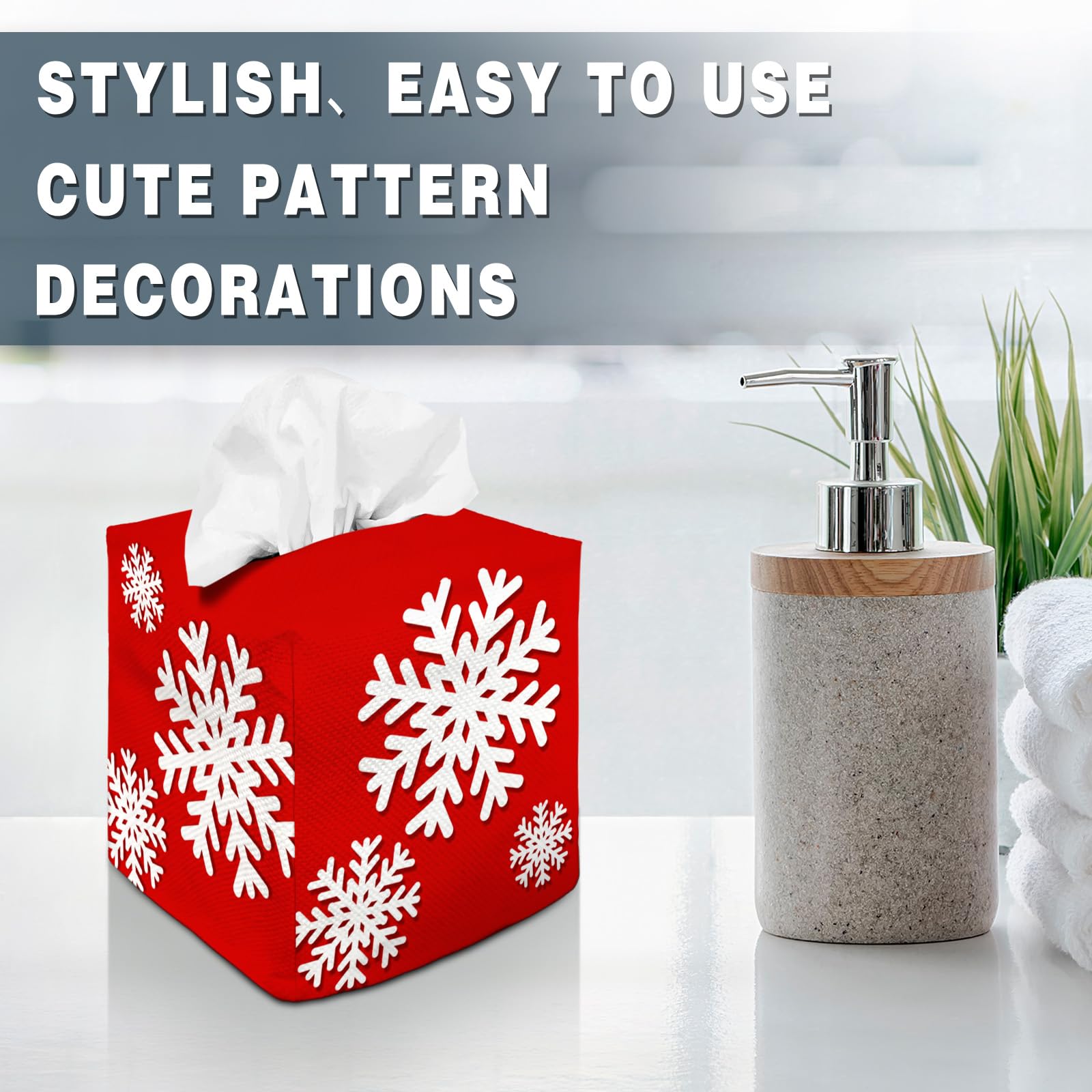 Tissue Box Cover Square Canvas Decorative Tissue Box Holder Cute Funny Cube Tissue Case Cover-Xmas Decor Christmas Snowflake Red
