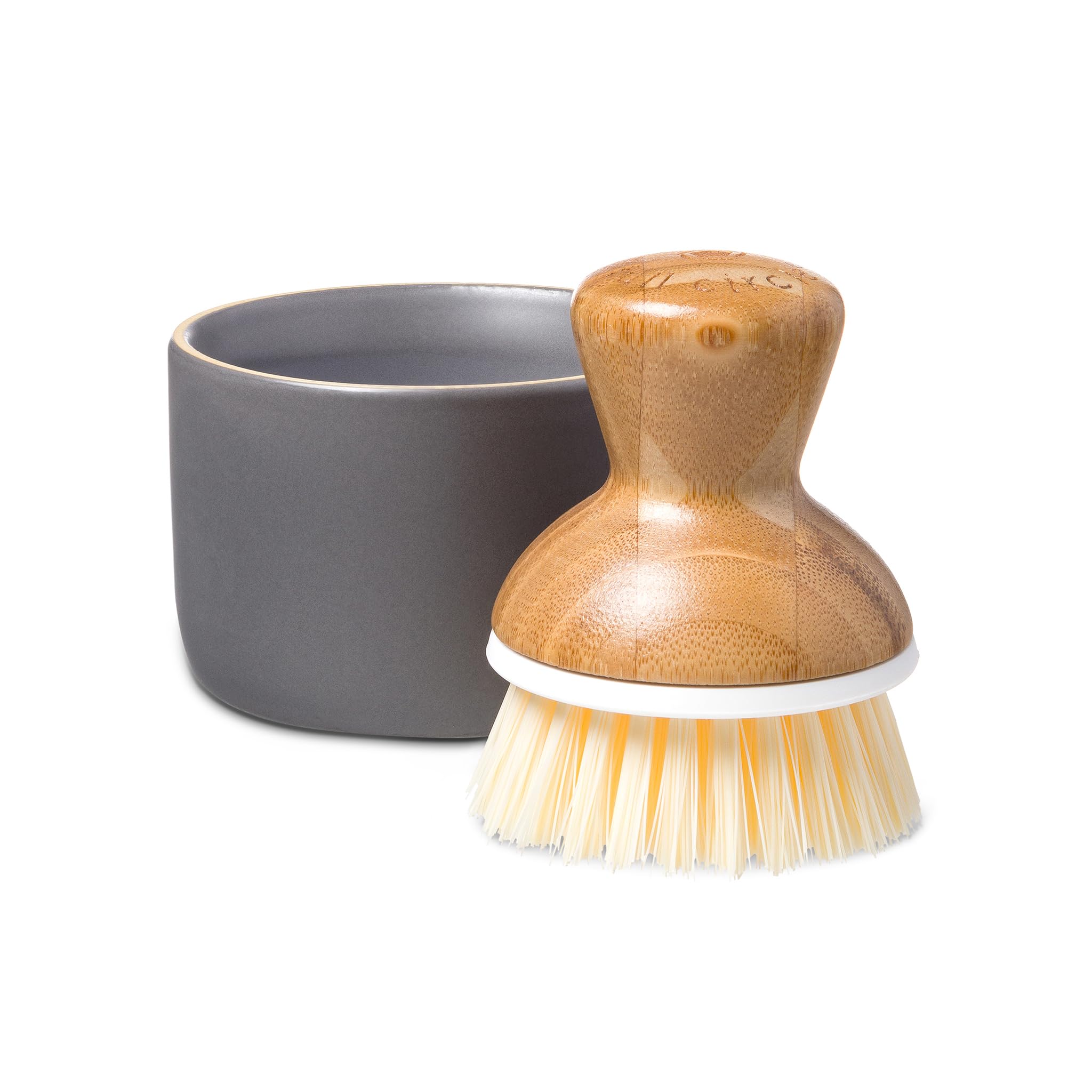 Full Circle Bubble Up Ceramic Soap Dispenser & Bamboo Gray Ergonomic Bamboo Handle  Dish Brush + Dispenser  Grey/White