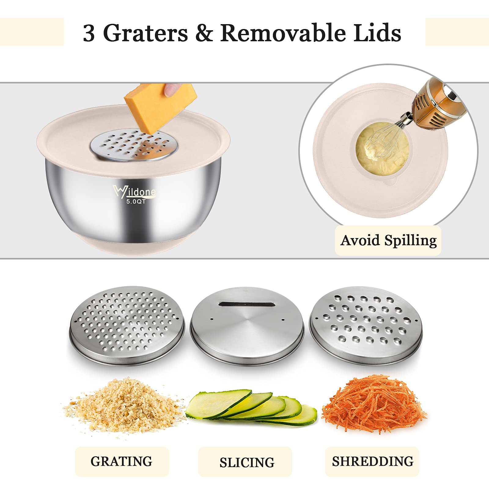 Wildone Mixing Bowls With Airtight Lids, 22 Pcs Stainless Steel Nesting Bowls, With 3 Grater Attachments, Scale Marks & Non-Slip
