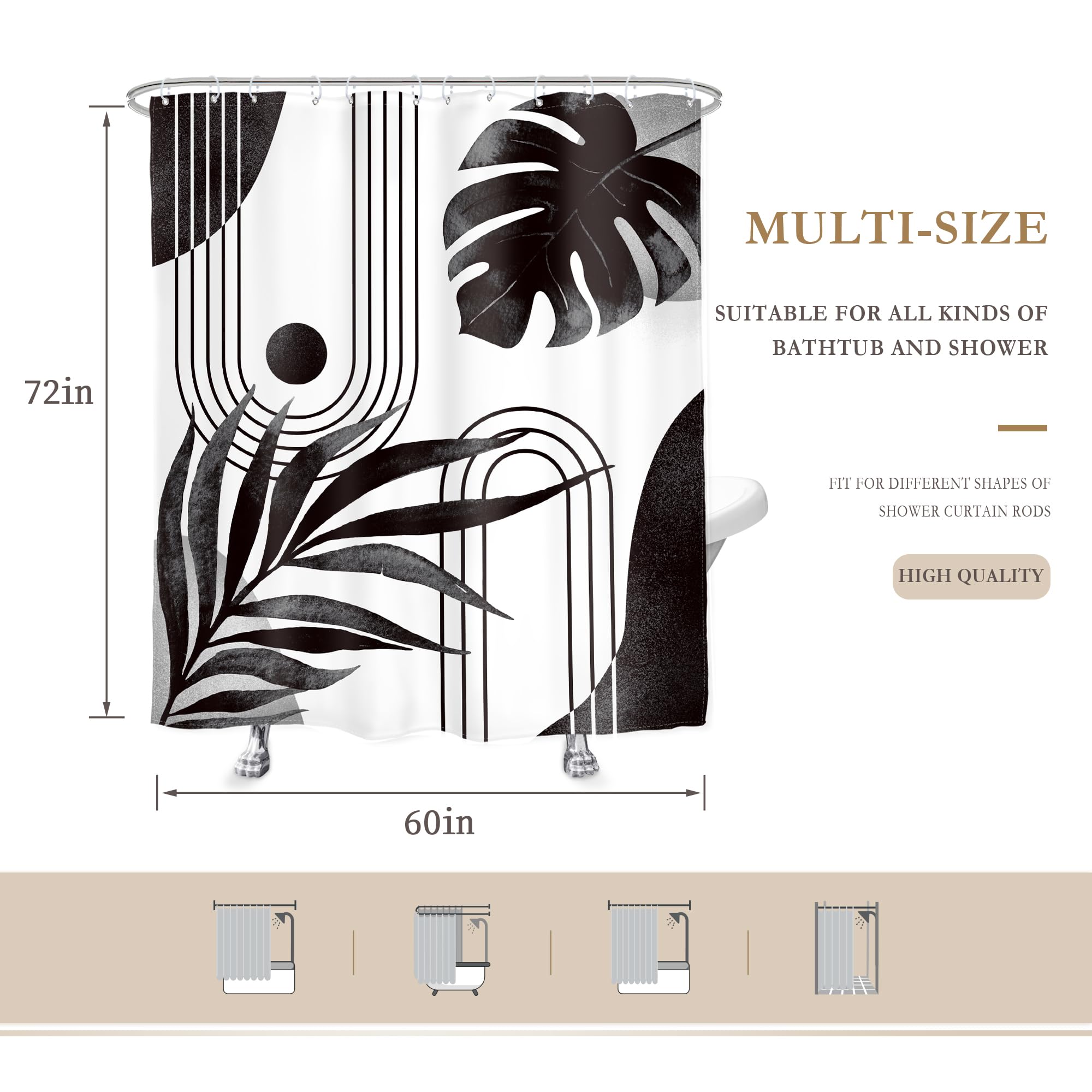 Glawry Boho Black White Shower Curtain Mid Century Abstract Tropical Palm Leaf Modern Minimalist Plant Botanical Bathroom Geomet