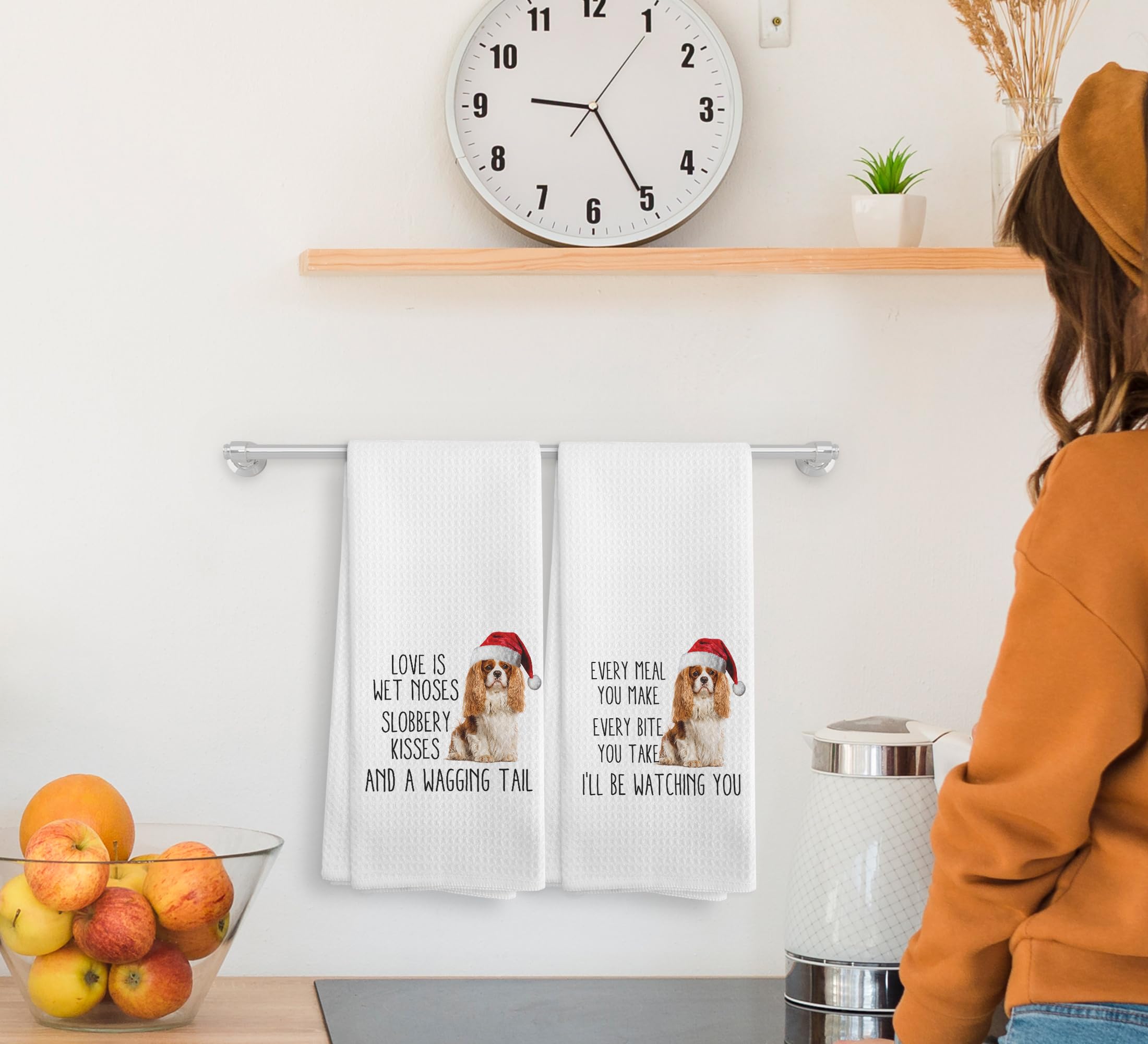 NOQL Christmas Cavalier King Charles Spaniel Dog Kitchen Towels and Dishcloths Set of 2, Christmas Dish Towels, Spaniel Gifts, 1