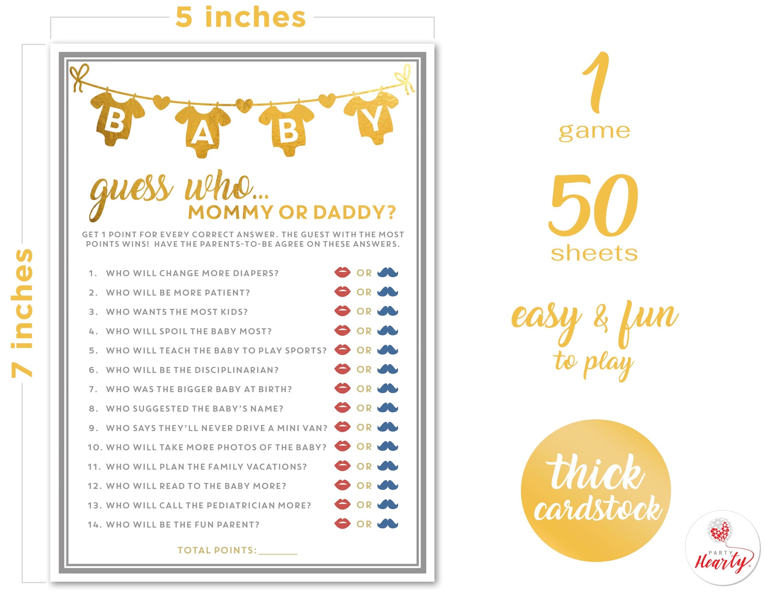 Party Hearty Baby Shower Games For Girl Or Boy, 50 Pcs Mommy Or Daddy Guess Who Game, Fun Activity Cards, Gender Neutral, Baby S