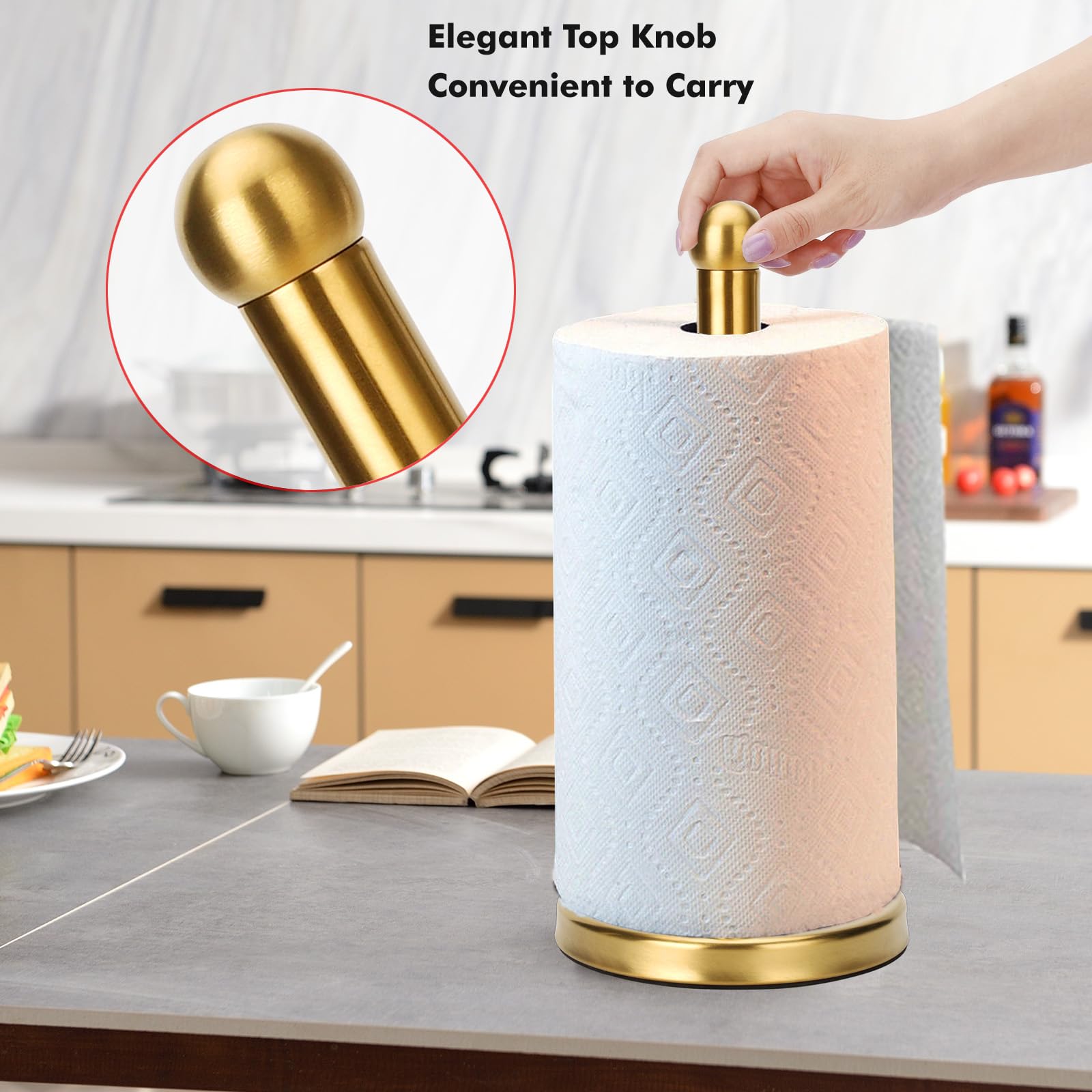Paper Towel Holder Stand With Sturdy Base Fits Standard And Jumbo Sized Paper Towel, Paper Towel Holder Countertop (Gold)