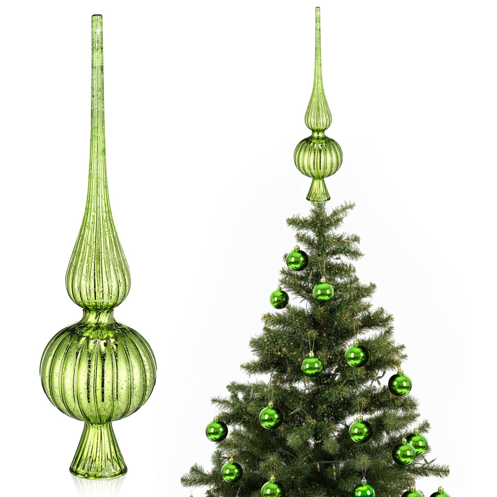 Gejoy Mercury Glass Finial Christmas Tree Topper Vintage Lime Green Spherical Ornaments Blown Glass Xmas Tree Topper Finials Mid