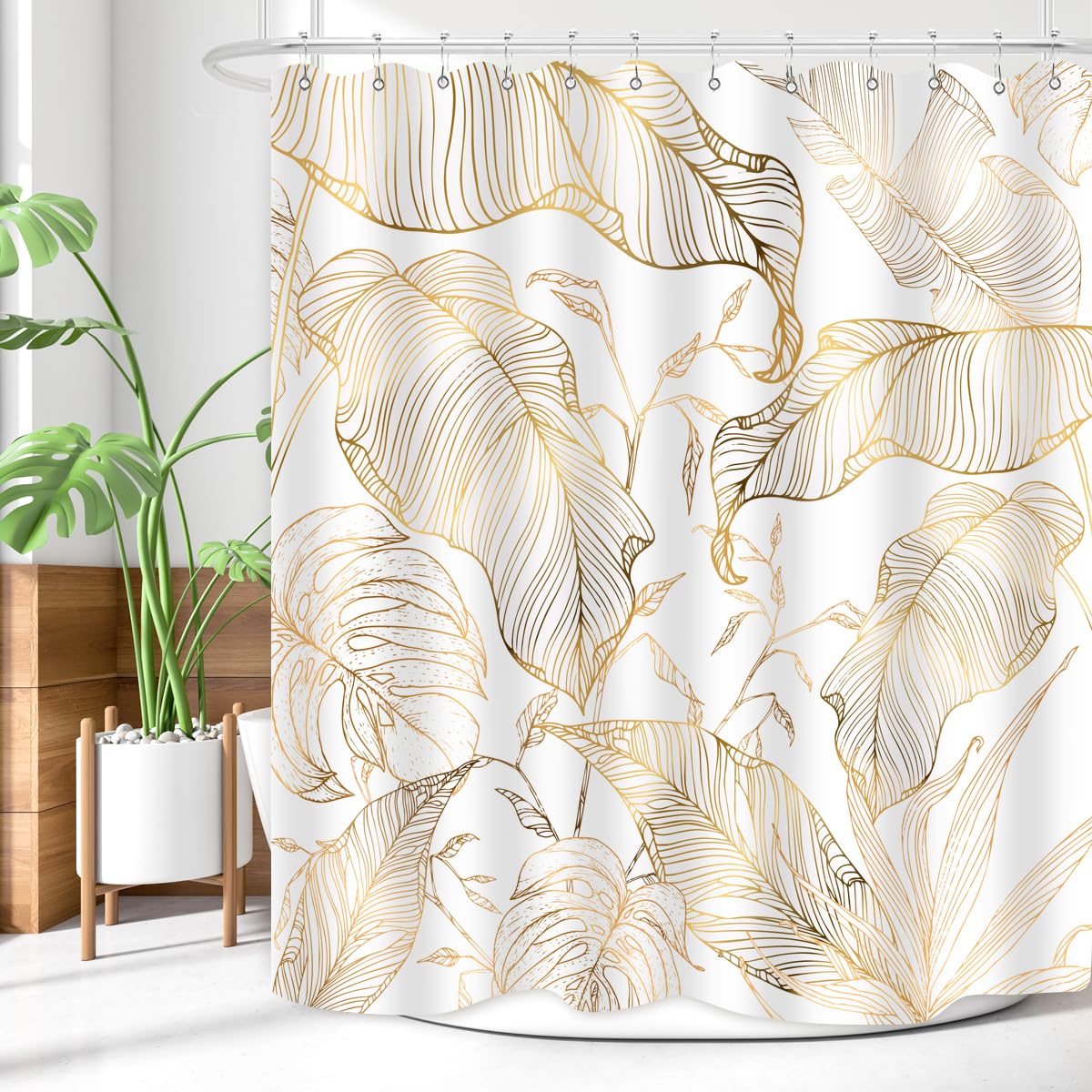 Zxmbf White Gold Tropical Palm Leaves Shower Curtain Abstract Banana Leaf Copper Chic Modern Botanical Plant Nature Aesthetic Ba