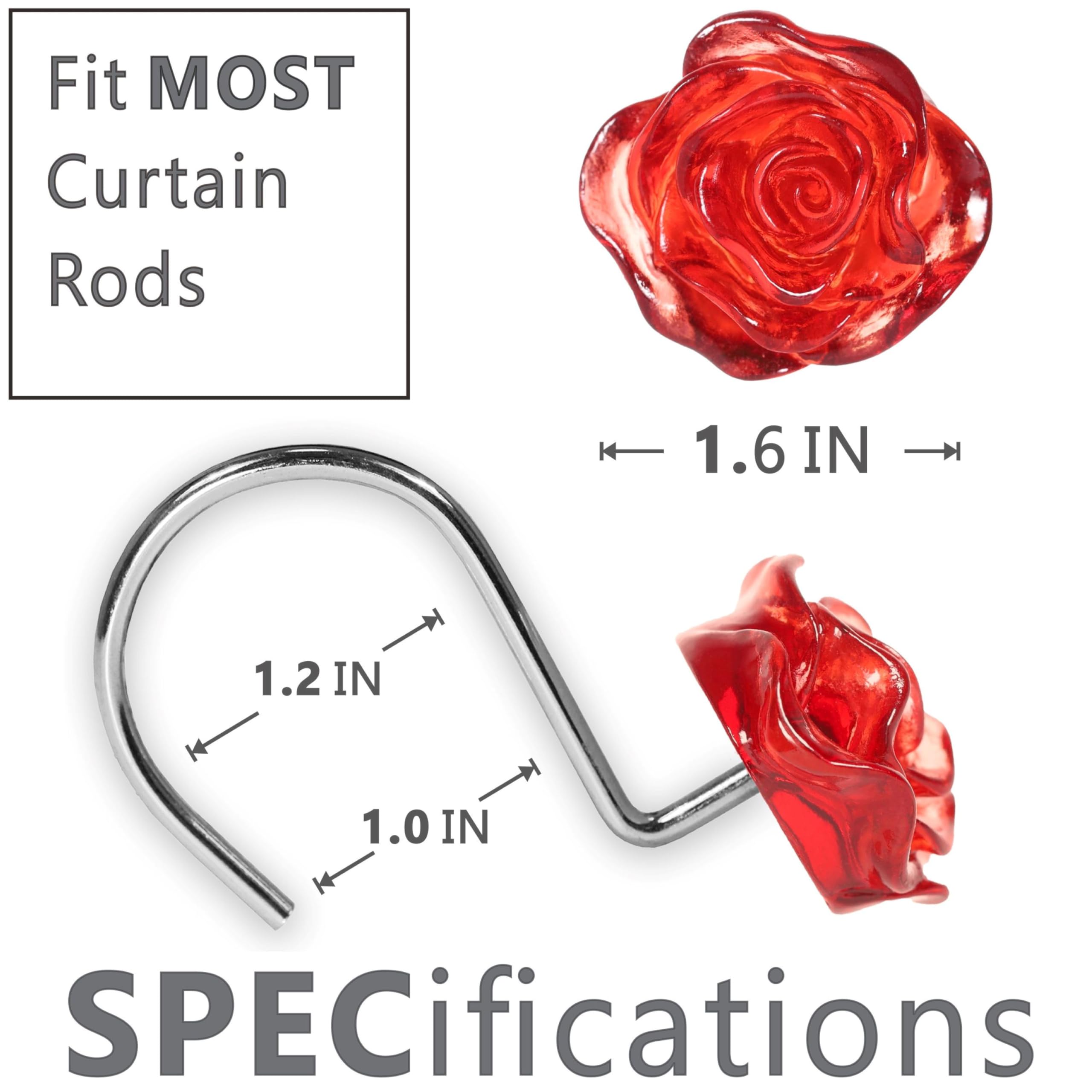 Red Rose Shower Curtain Hooks: Burgundy Crystal Glitter Ice Textured Decorative Hooks For Flower Leaf Plant Spring Themed Shower