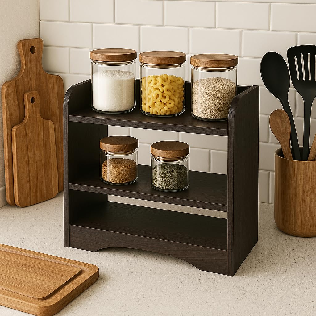 Duadecor Wooden Kitchen Rack Organiser 3 Tier Shelf | Multipurpose Engineered Wood Storage Organizer | Sugar Containers,Jars, Bo