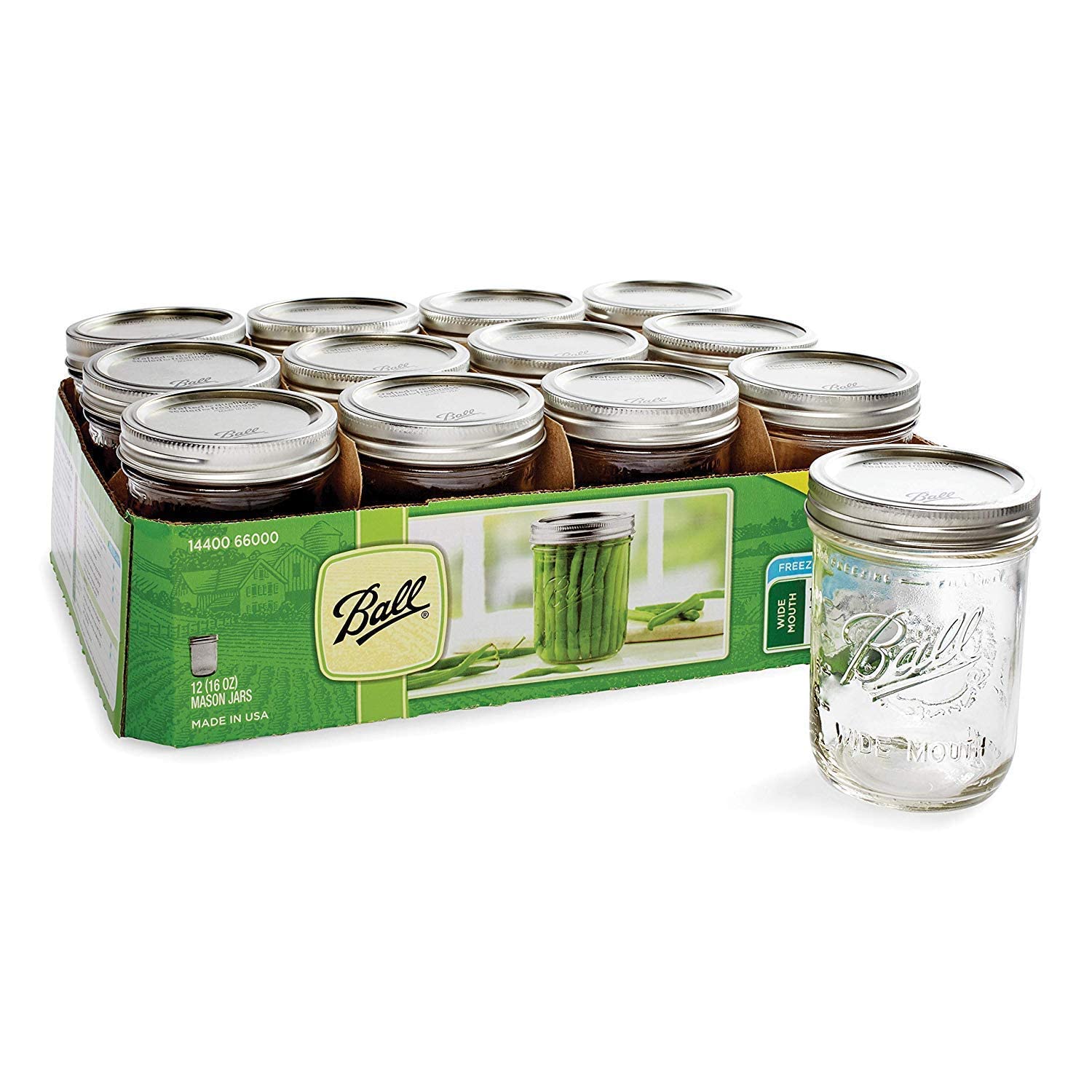 Ball Wide Mouth Pint 16-Ounce Glass Mason Jar With Lids And Bands, 12-Count