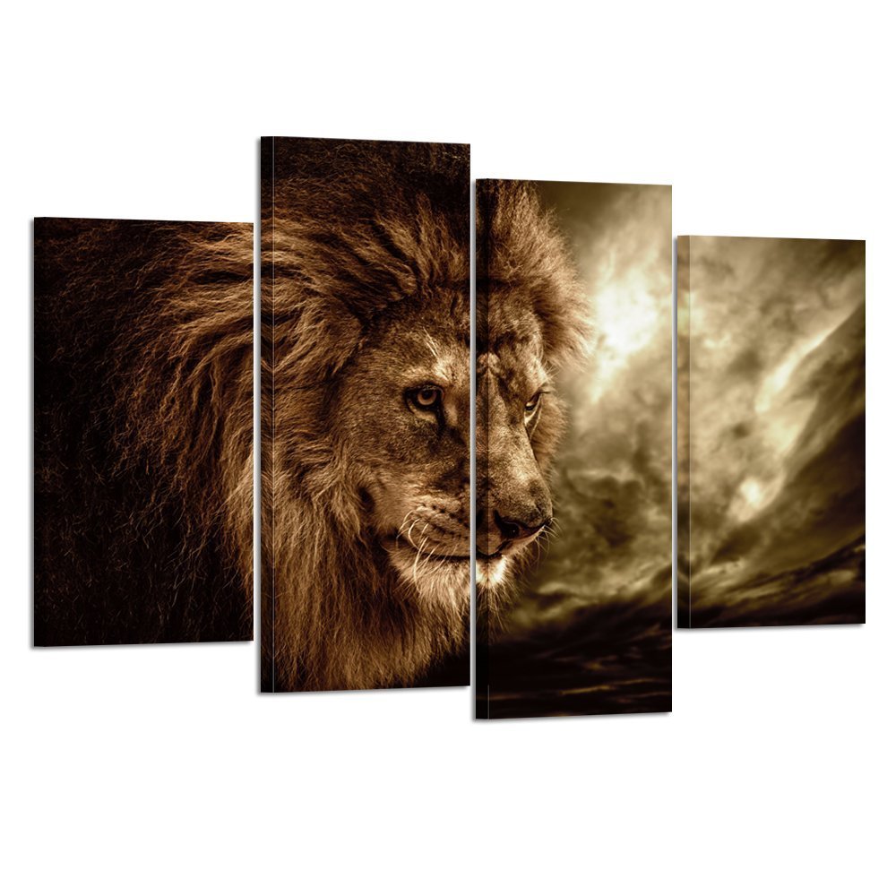 Kreative Arts - Lion Wall Art Canvas Painting Framed And Ready To Hang 4 Panels Large Contemporary Pictures Abstract Lion Canvas