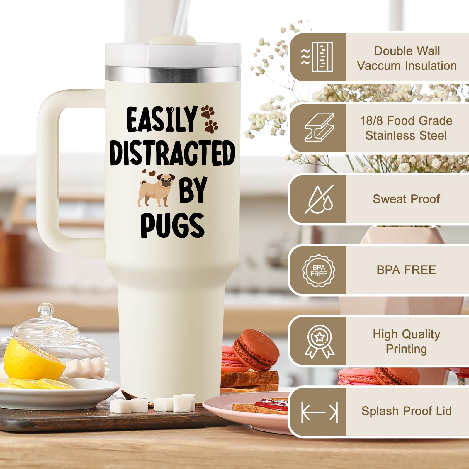 Rostanten Pug Gifts For Pug Lovers - Pug Gifts For Women - Pug Mom Gifts - Pug Themed Gifts - Pug Stuff - Pug Tumbler - 40 Oz Tr