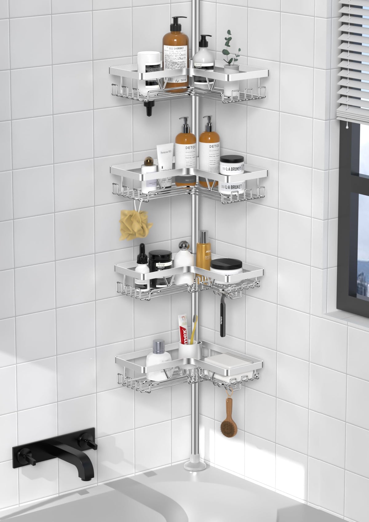Kegii Sus304 Corner Shower Organizer, Stainless Steel Tension Pole Shower Caddy Corner, No Drilling Required Adjustable Shower S