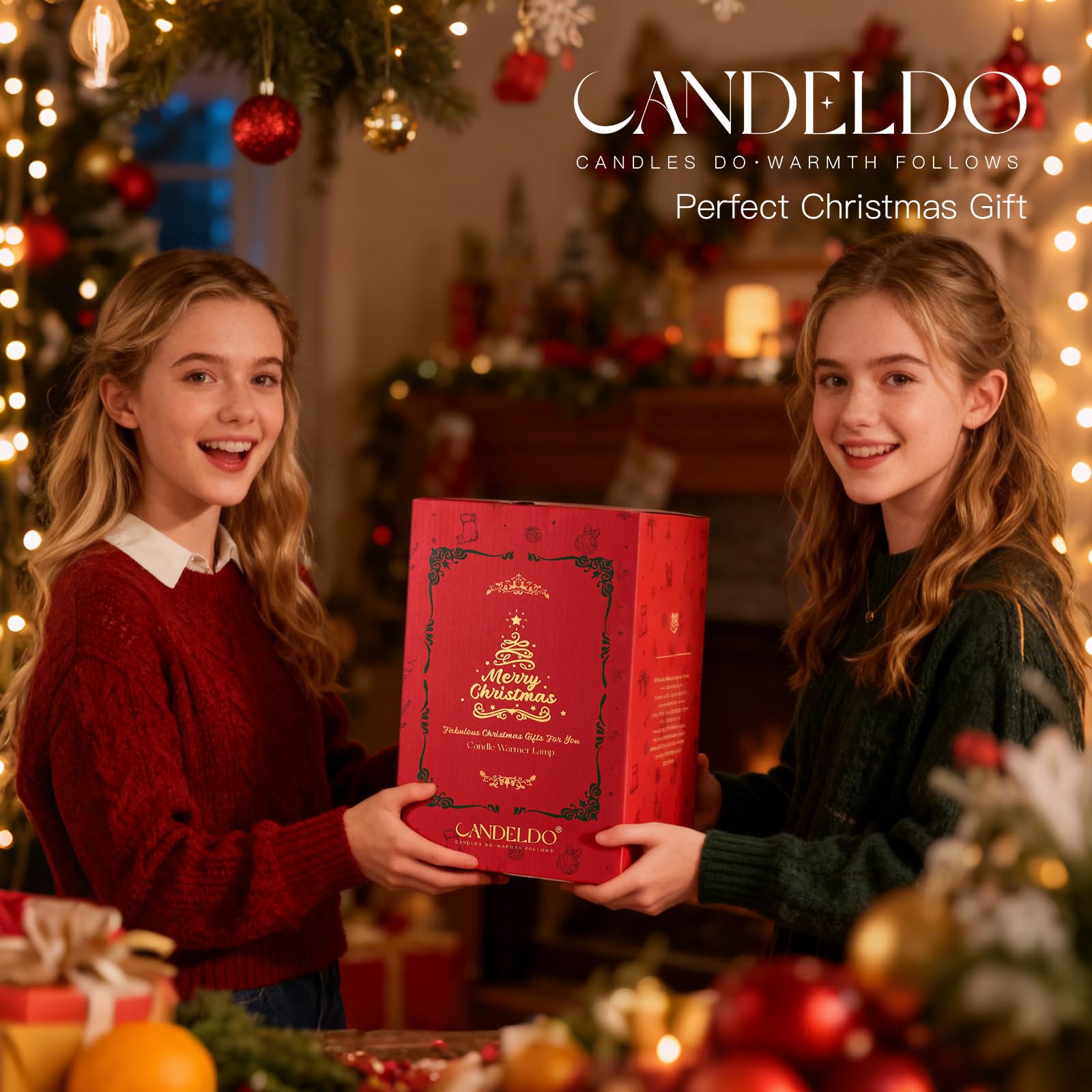 Candeldo Christmas Gifts for Women: Gold Flower Candle Warmer Lamp with Timer Height Adjustalbe Wax Warmer Dimmable Christmas Ne