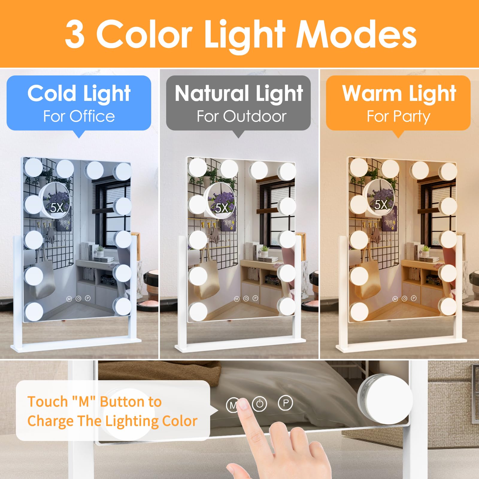 Vanity Mirror With Lights, Hollywood Lighted Makeup Mirror With 3 Color Lighting Modes And 12 Dimmable Bulbs, Detachable 5X Magn