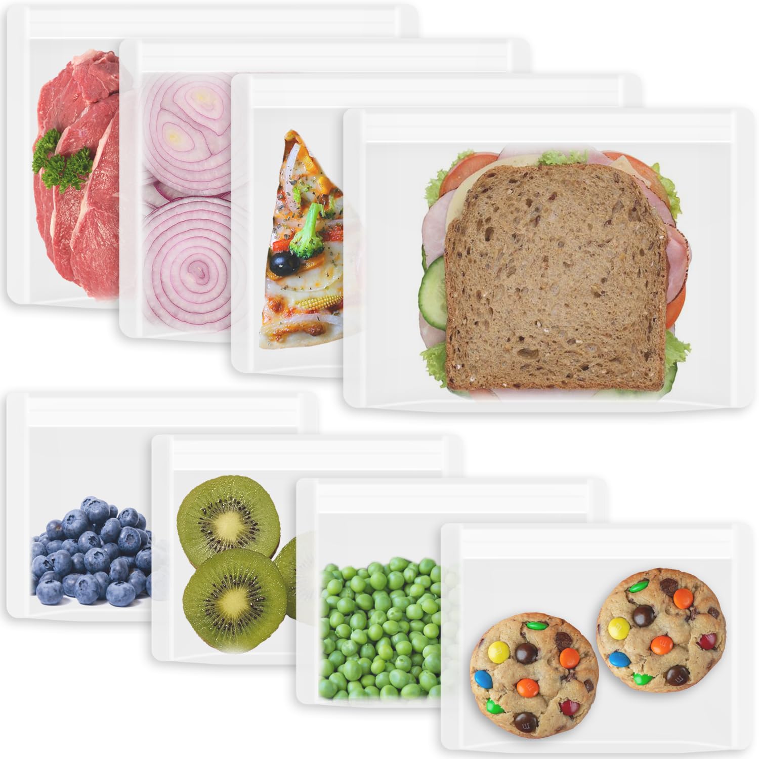 Annaklin Reusable Sandwich Bags & Snack Bags Set, 8 Pack, 100% Silicone Reusable Storage Bag, Soft Shell Ziplock Silicone Food S