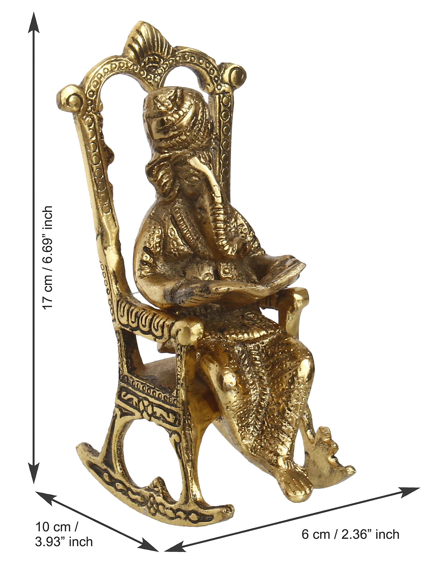 Ecraftindia Golden Metal Lord Ganesha Idol Reading Book On Rocking Chair - Decorative Hindu God Statue For Home Decor - Gift For