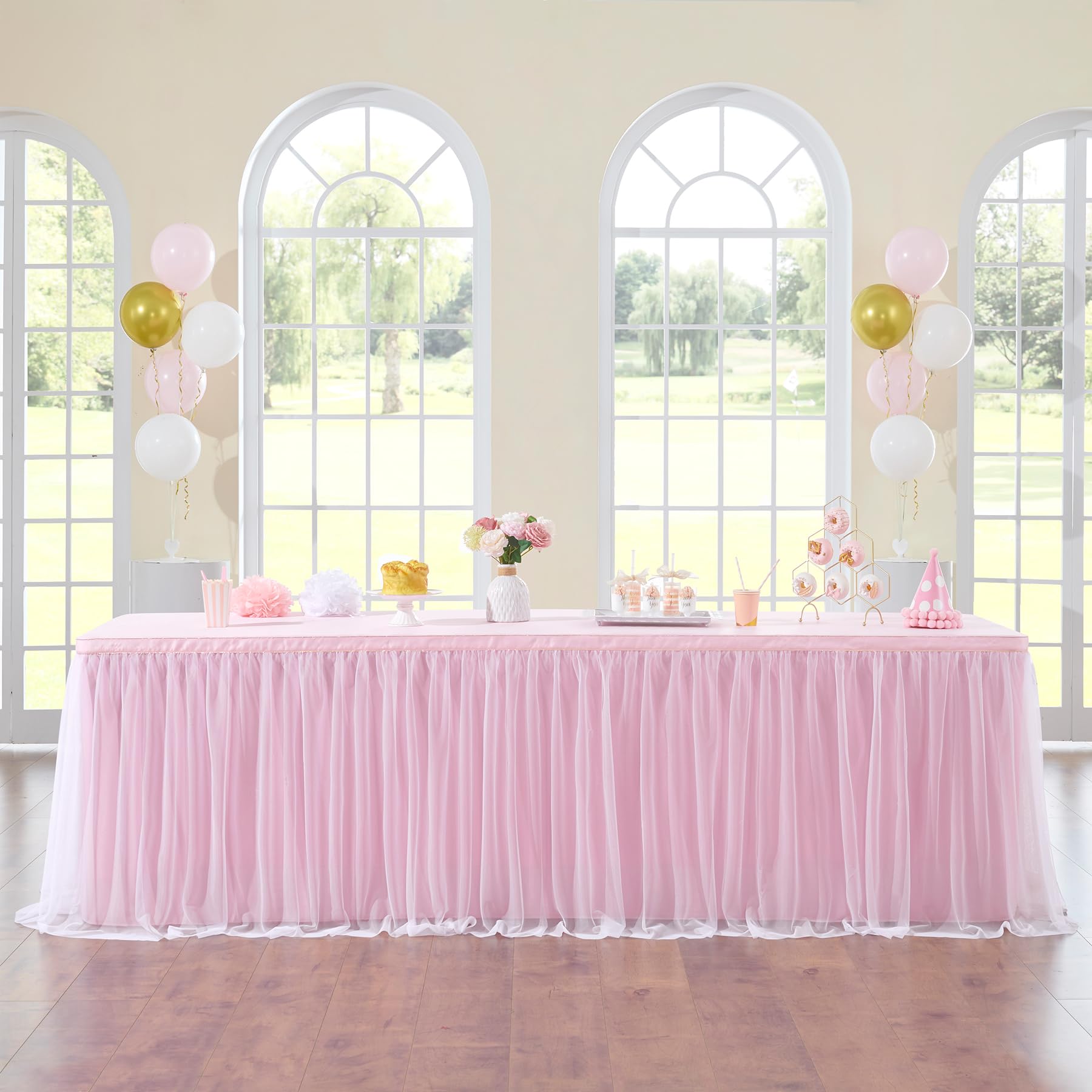 156in Baby Pink Tulle Table Skirts for Rectangle Tables 8ft 6ft, 2-Layer 13 ft Long Gold Grim Princess Pink Ruffle Tulle Tutu Ta