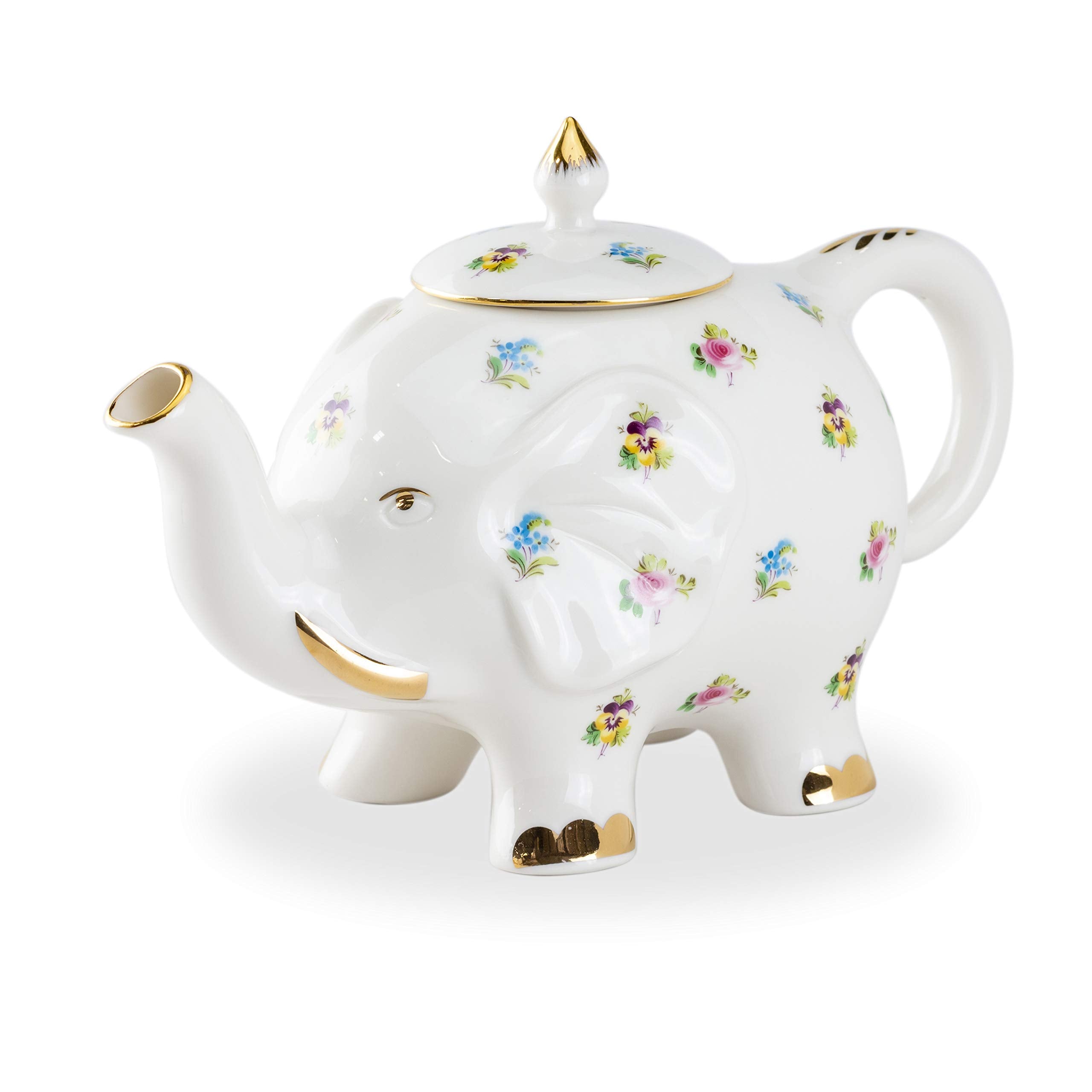 Grace Teaware Fine Porcelain Happy Elephant 28-Ounce Teapot (Floral Pansy) With Gold Trim