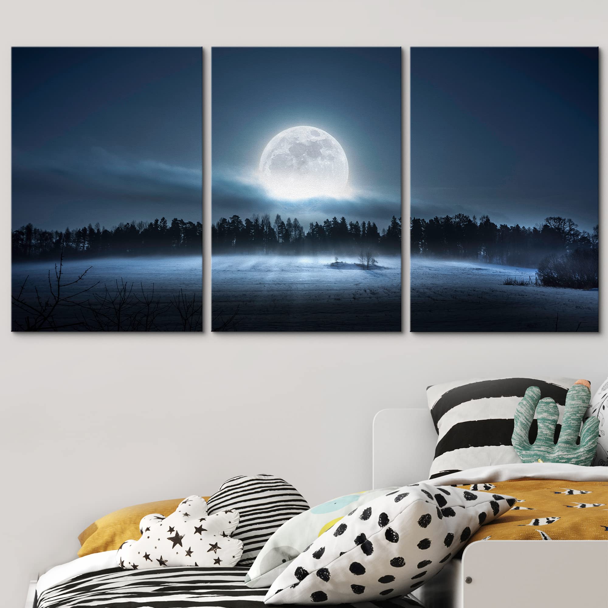 Wall26 - 3 Piece Canvas Wall Art - The Moon Rising Over The Forest And Meadow In The Cold And Misty Morning - Modern Home Art St